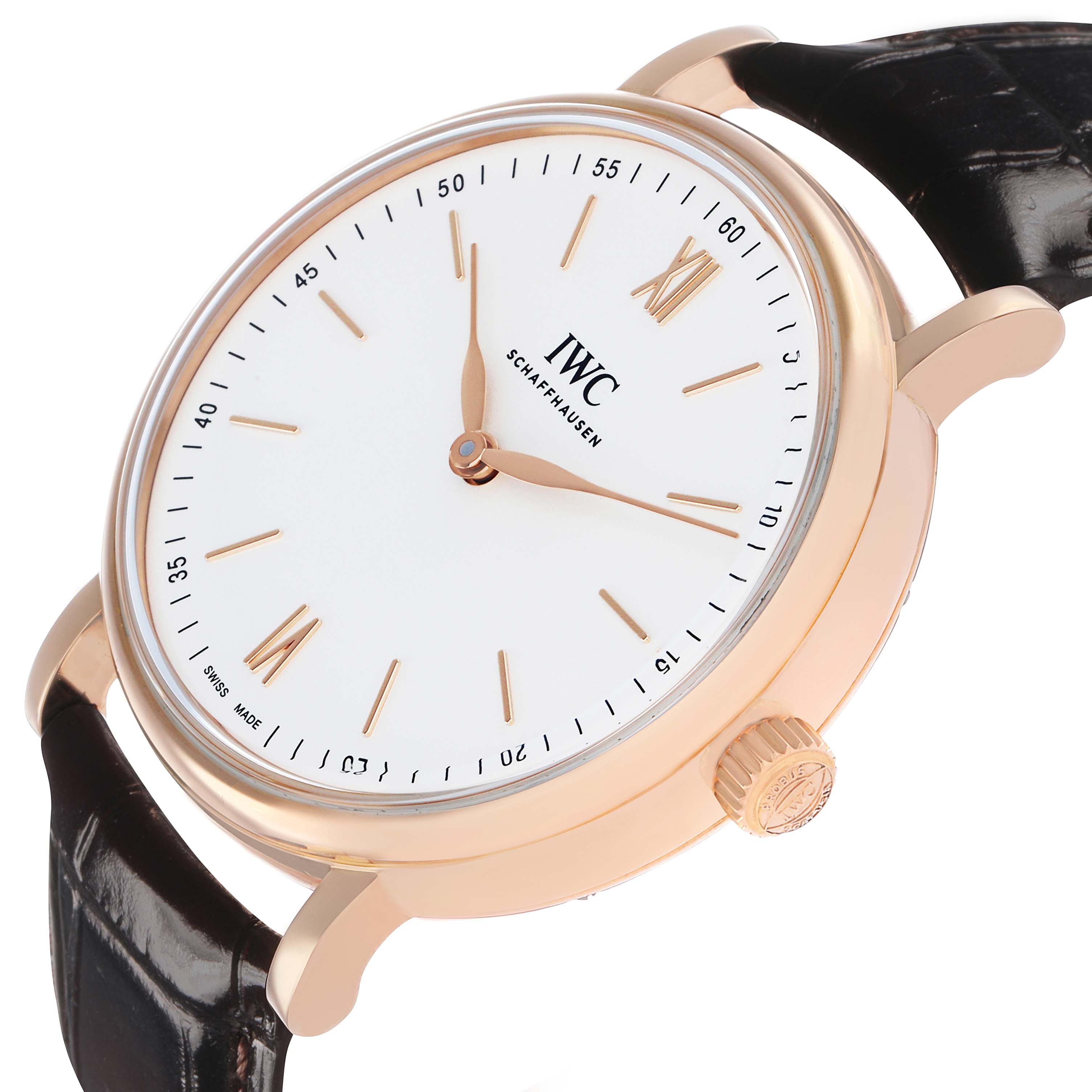 The IWC Portofino IW511101 Men's Rose Gold Silver Dial watch is shown at a tilted angle, highlighting the face, crown, and black leather strap.