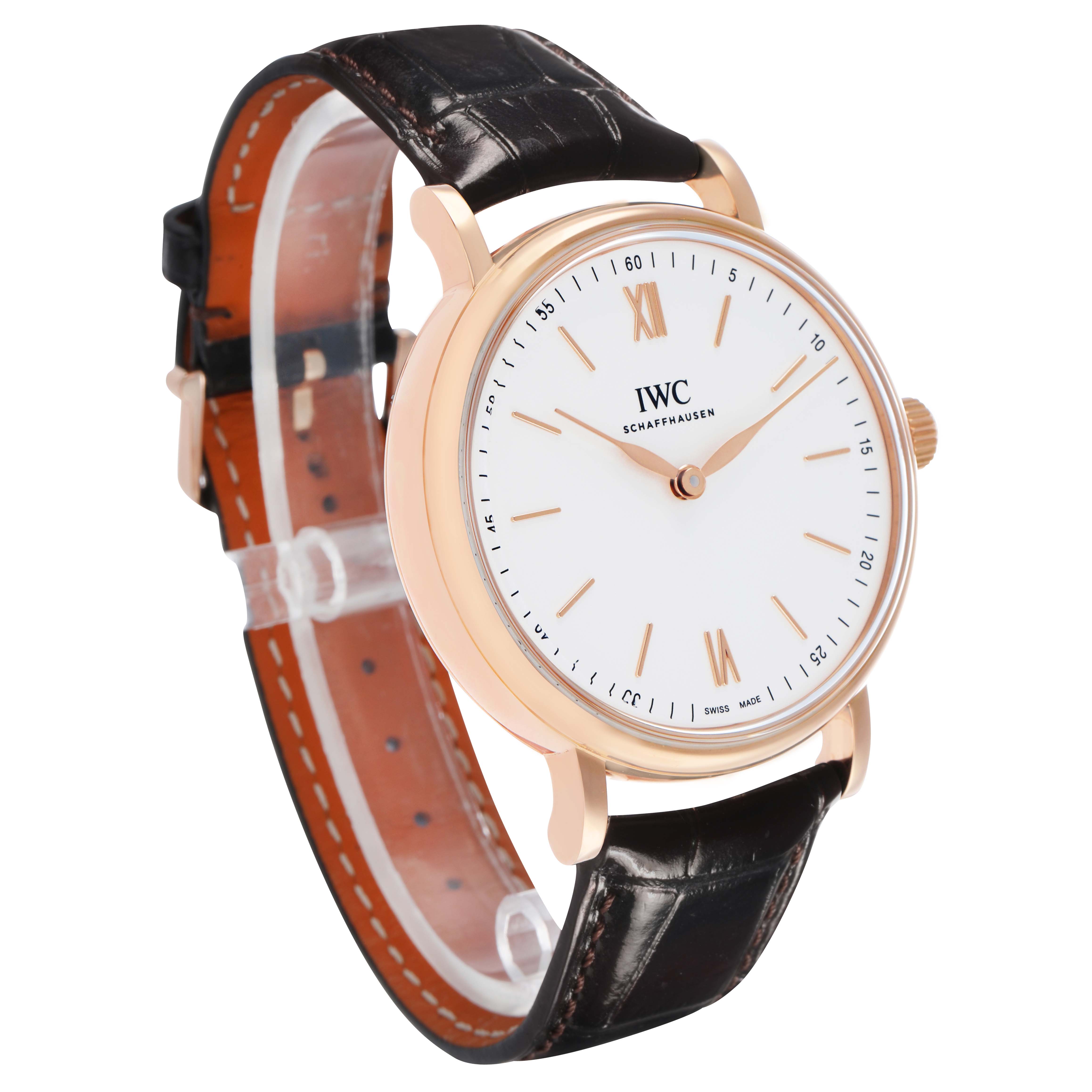 The IWC Portofino IW511101 Men's Rose Gold Silver Dial watch is shown at an angled side view, displaying the face, crown, and leather strap.