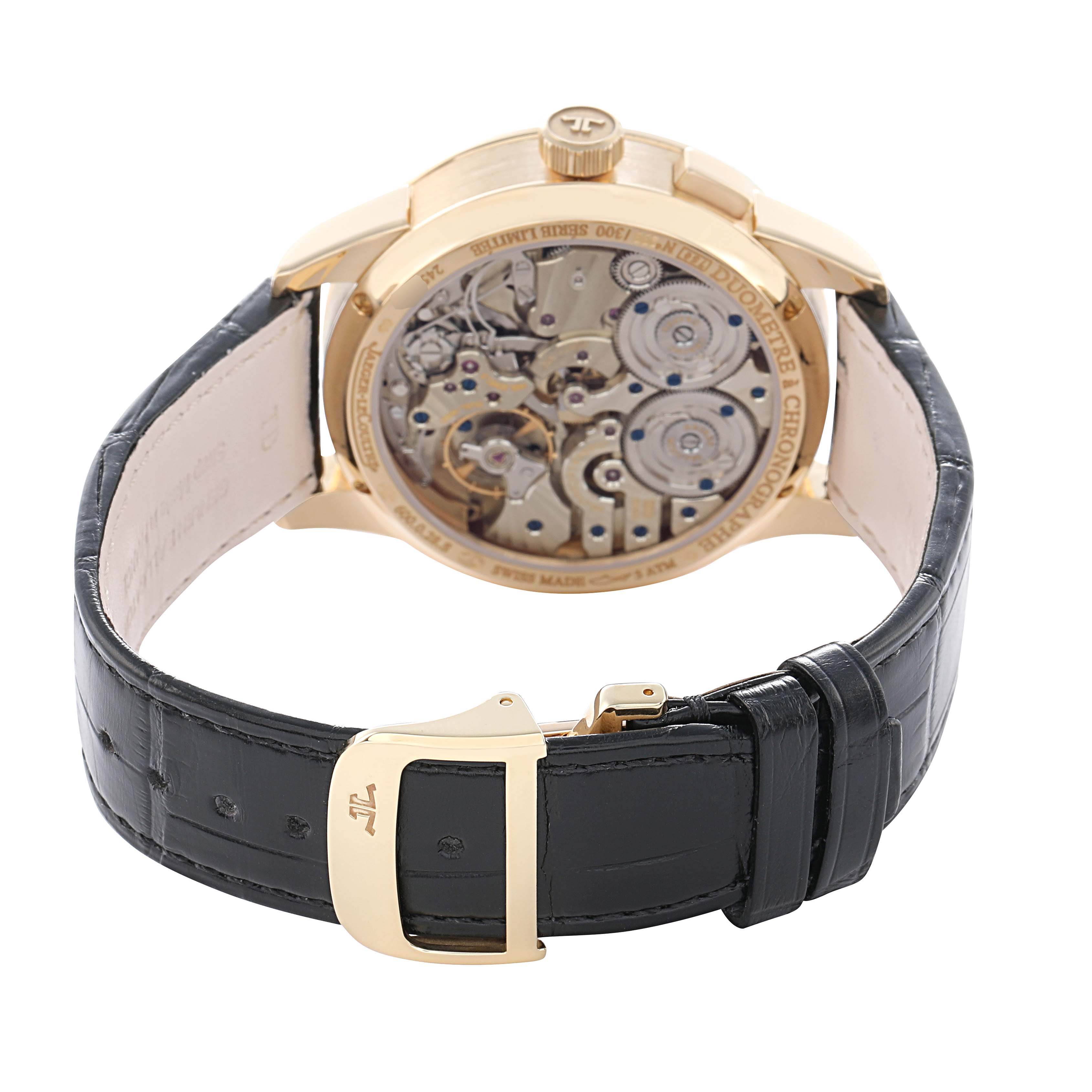 The Jaeger LeCoultre Duometre Q6011420 Men's Yellow Gold Beige Dial is shown from the back, highlighting its intricate movement and leather strap.