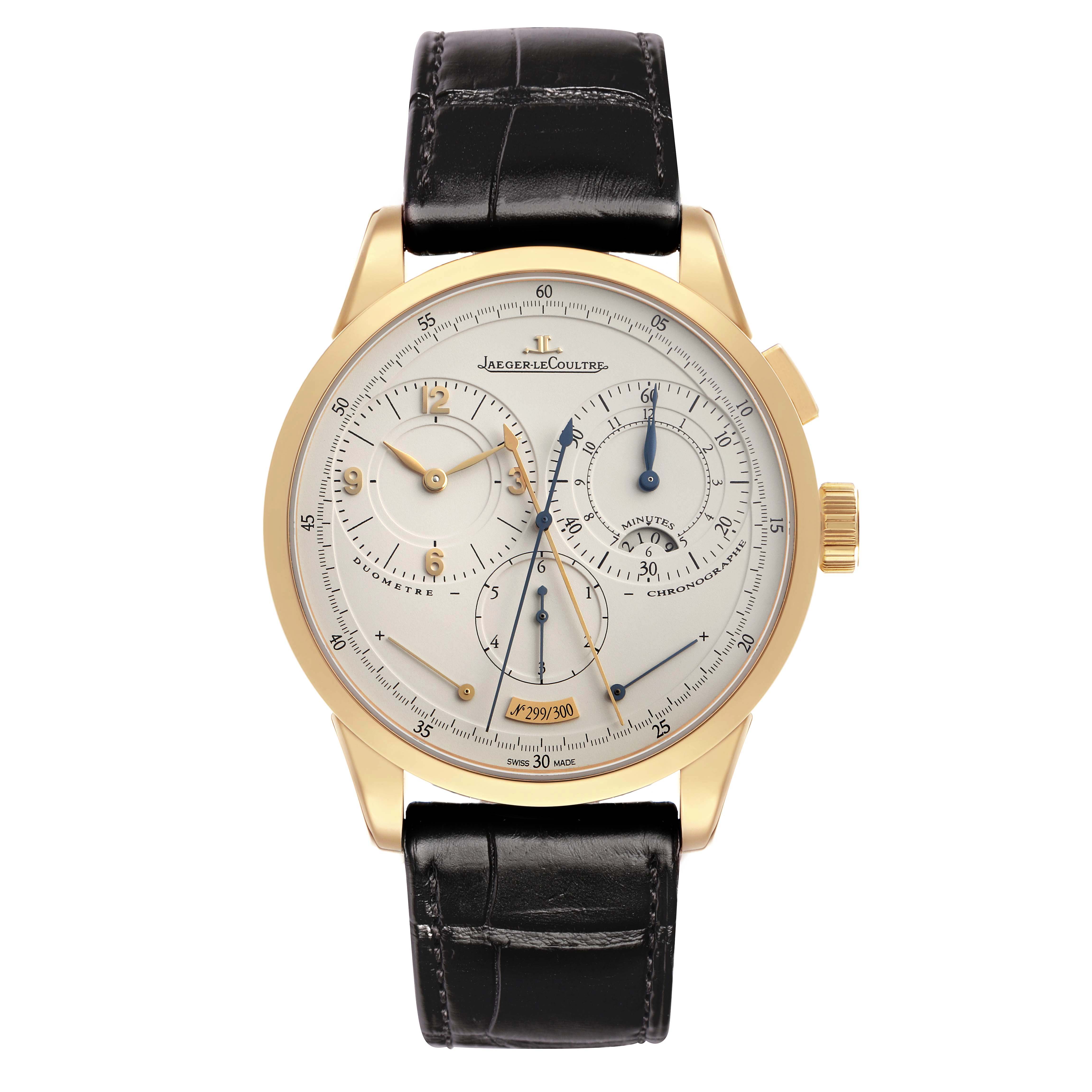 The Jaeger LeCoultre Duometre Q6011420 Men's Yellow Gold Beige Dial watch is shown from the front, featuring its dials, bezel, and black leather strap.