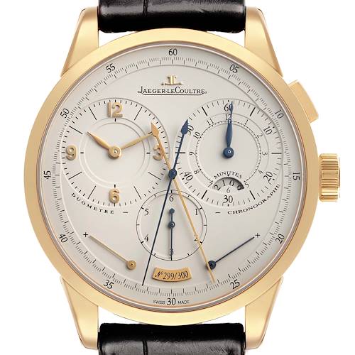 The image shows a frontal view of a Jaeger-LeCoultre Duometre watch, highlighting its detailed dial and gold casing.