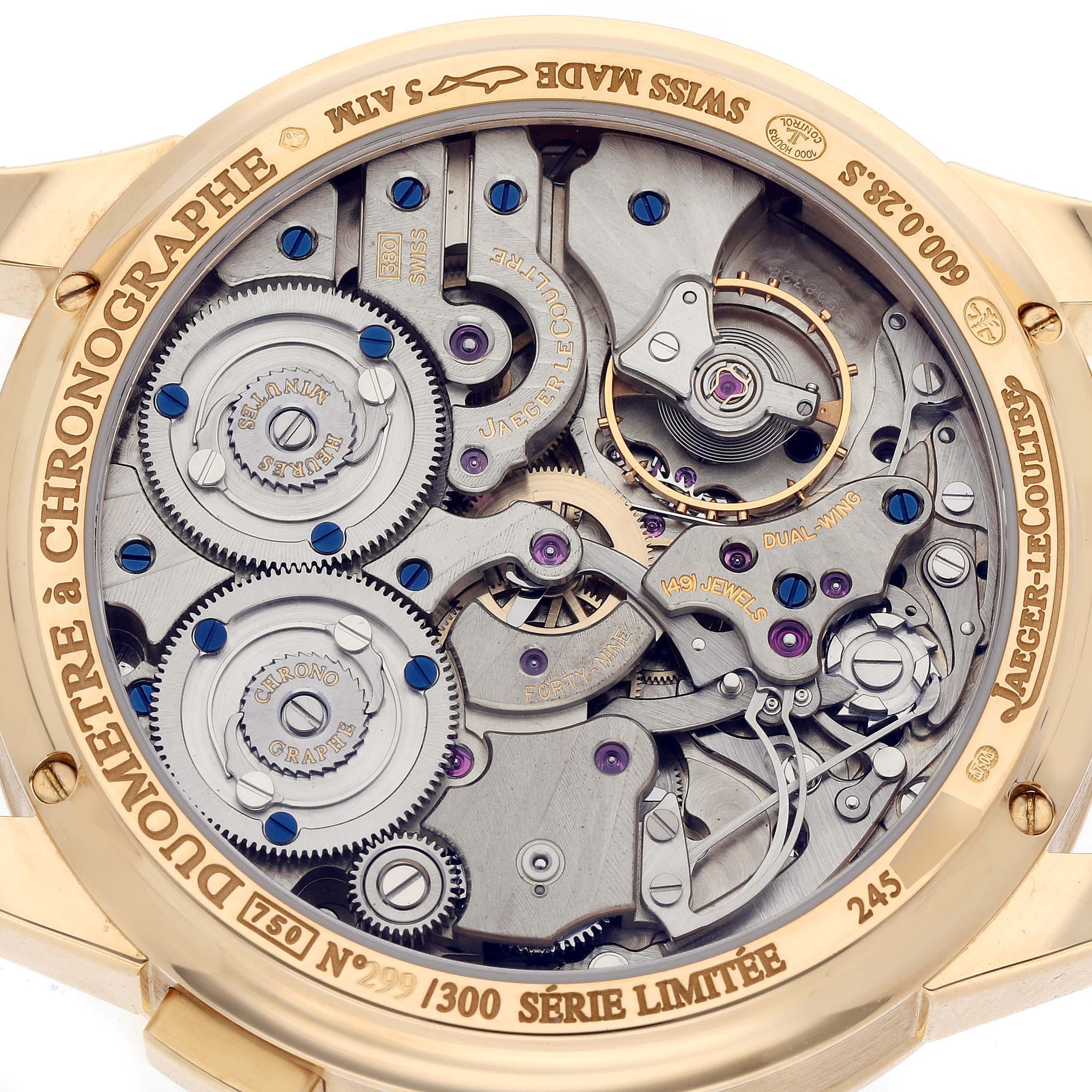 The image shows the back view of a Jaeger LeCoultre Duometre Q6011420 Men's Yellow Gold Beige Dial watch, highlighting its complex movement and mechanics.