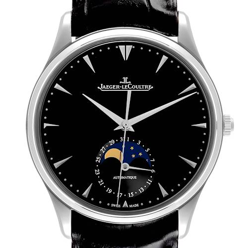 The Jaeger-LeCoultre Master watch is shown from a front angle, displaying the face and moon phase complication.