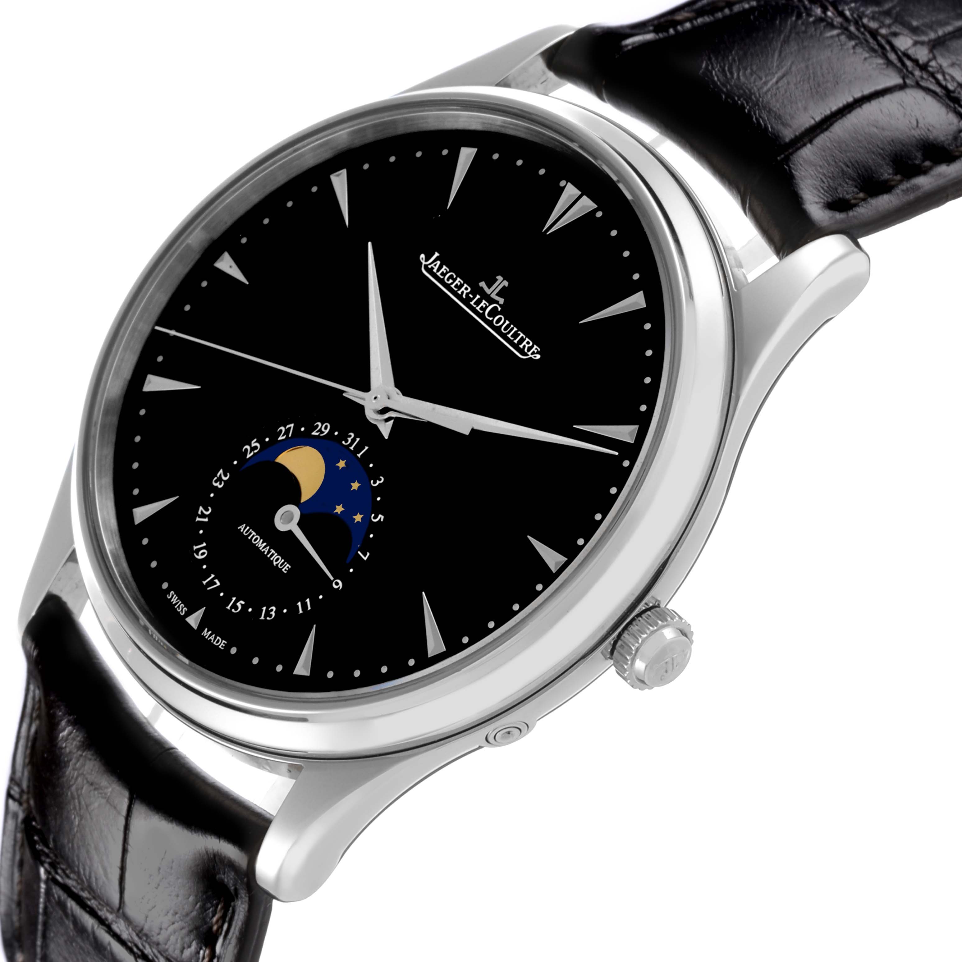 The Jaeger-LeCoultre Master watch is shown at an angled side view, displaying the black dial, moon phase, and leather strap.