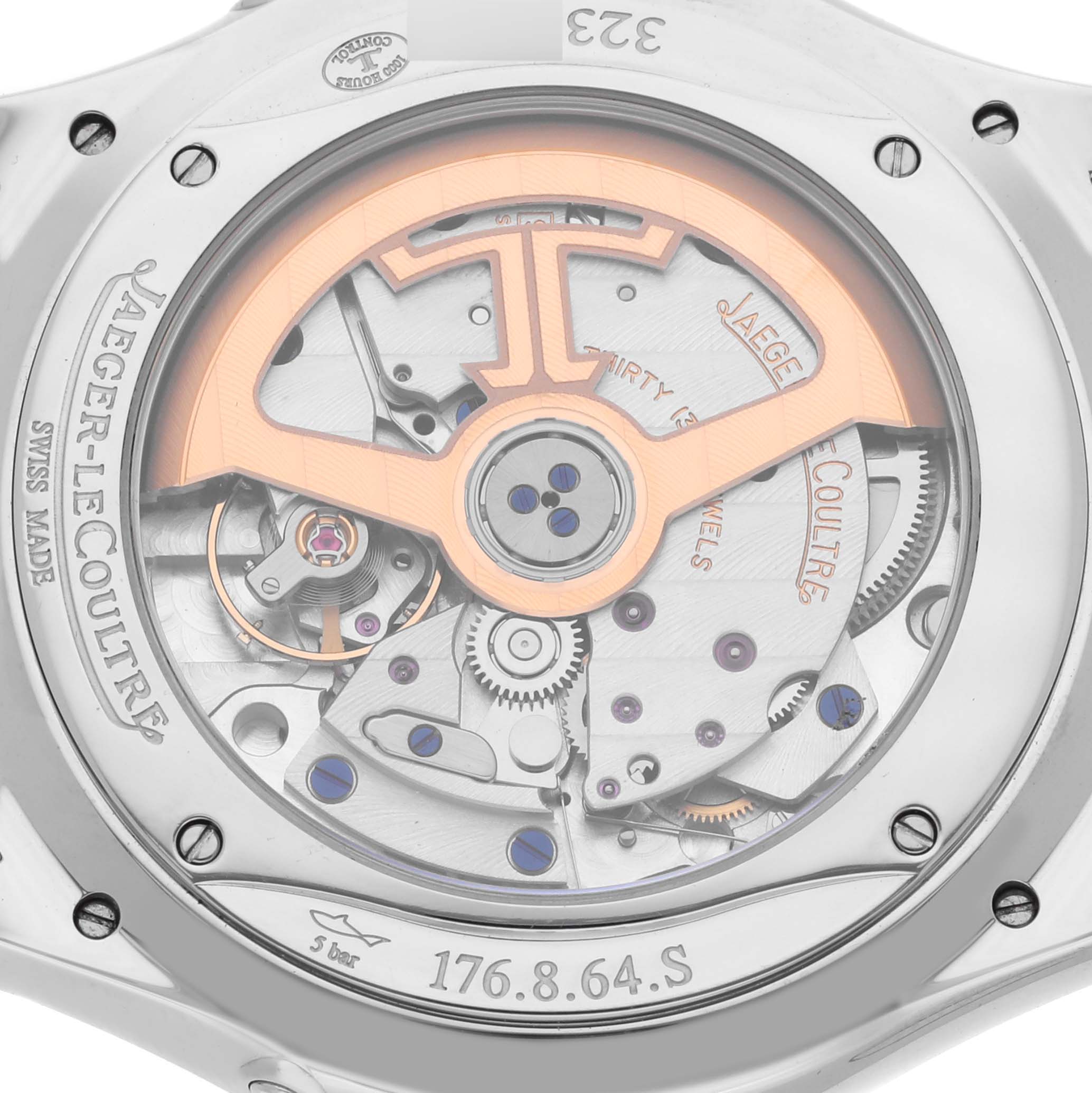 The image shows the back of a Jaeger-LeCoultre Master model watch, highlighting its movement and internal mechanics.