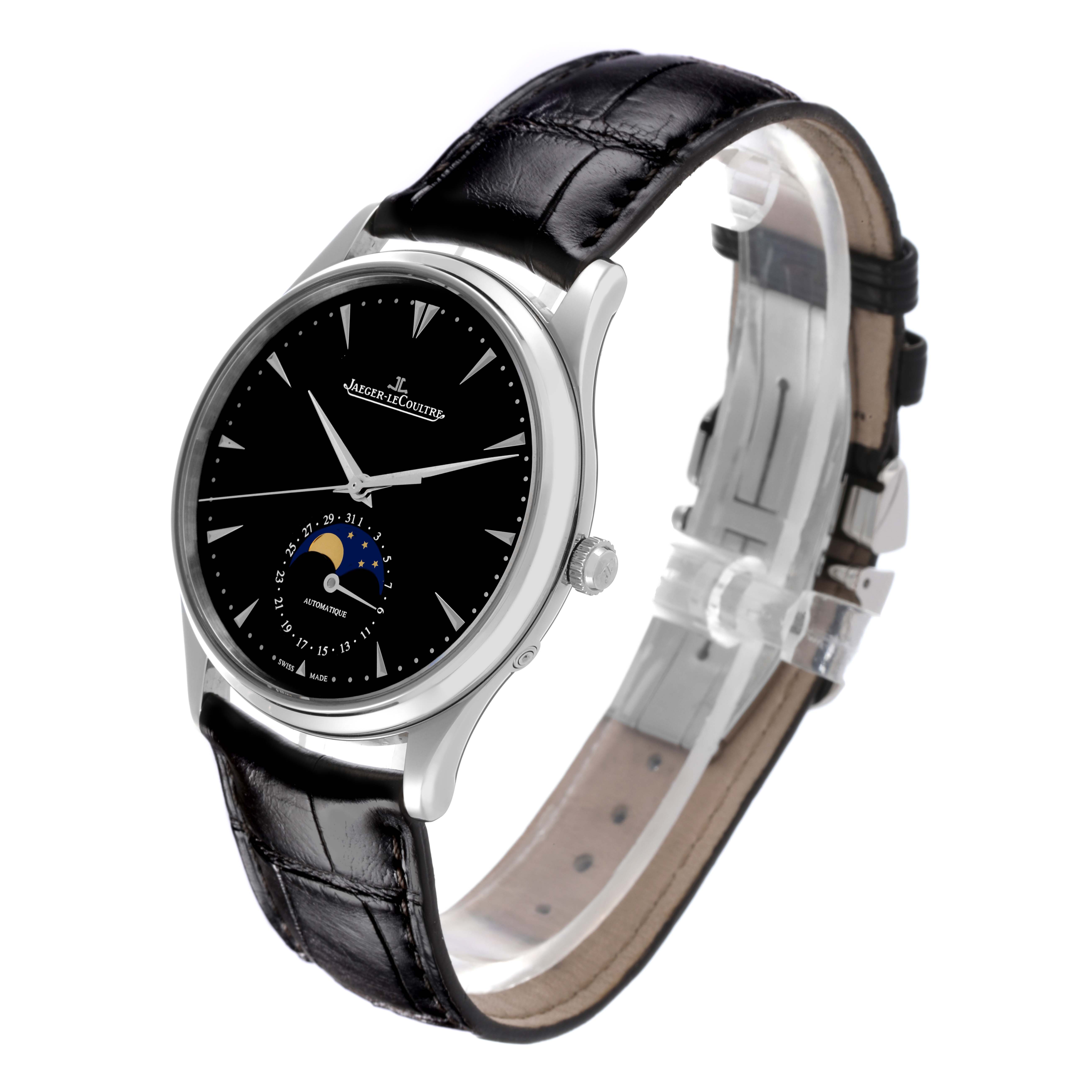 The Jaeger-LeCoultre Master watch is shown at an angled side view, highlighting the face, case, and black leather strap.