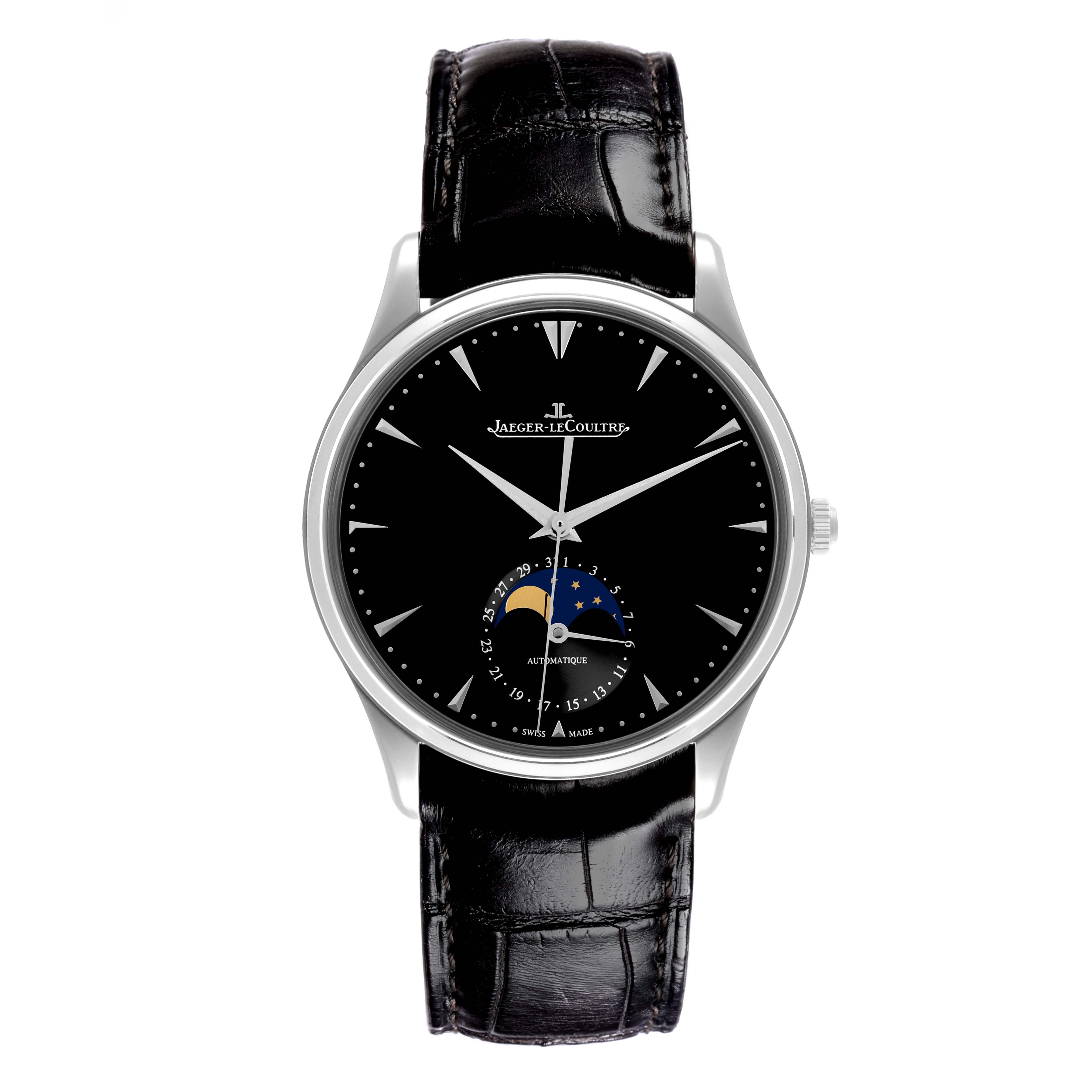 The Jaeger LeCoultre Master Q1368470 Men's Stainless Steel Black Dial Q1368470 Men's Stainless Steel Black Dial is shown from the front, displaying the dial, moon phase, and leather strap.