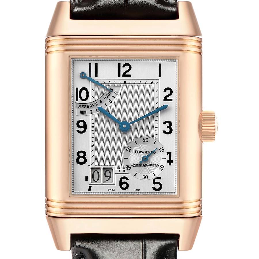The Jaeger-LeCoultre Reverso watch is shown front-facing, displaying the dial, crown, and strap.