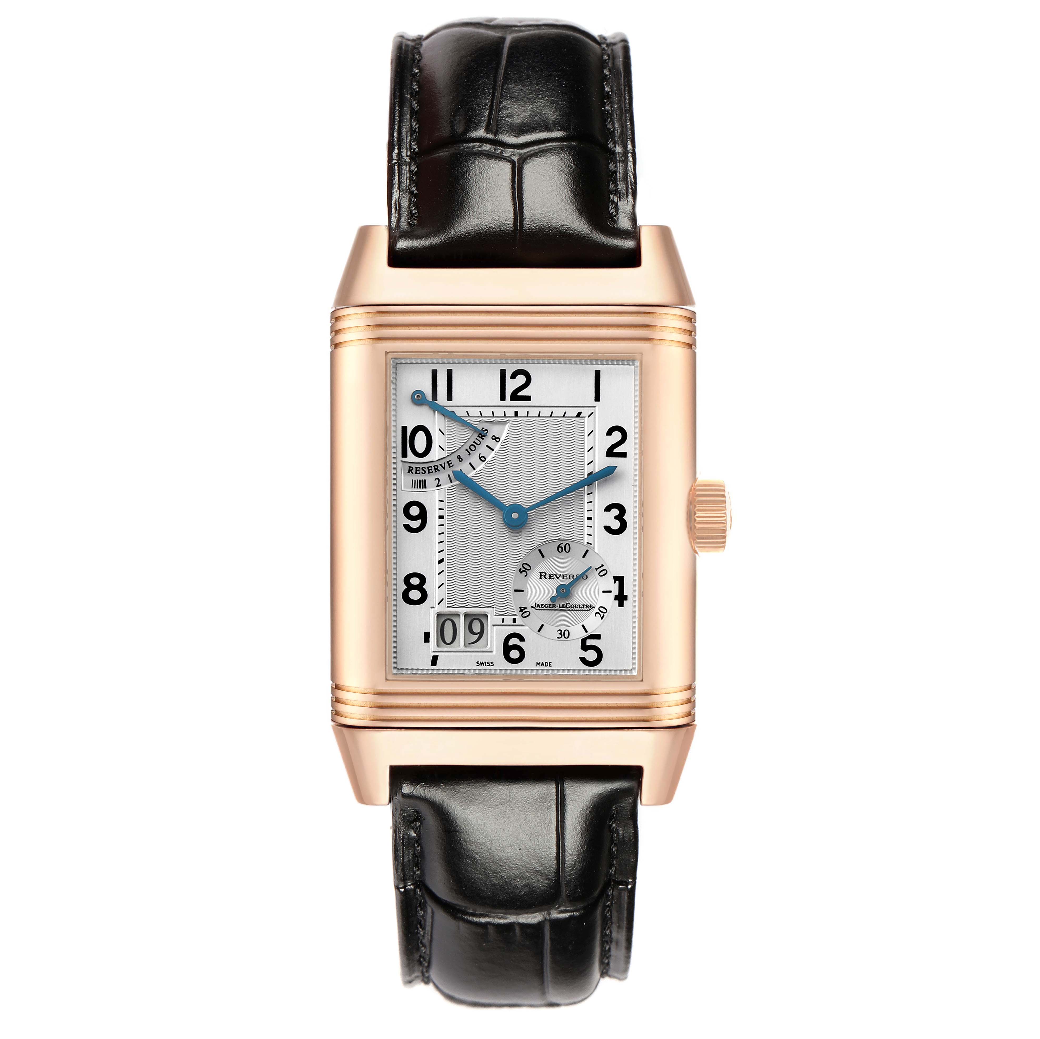 The Jaeger LeCoultre Reverso Q3002401 Men's Rose Gold Silver Dial watch is shown from a front angle, highlighting its dial, case, crown, and leather strap.