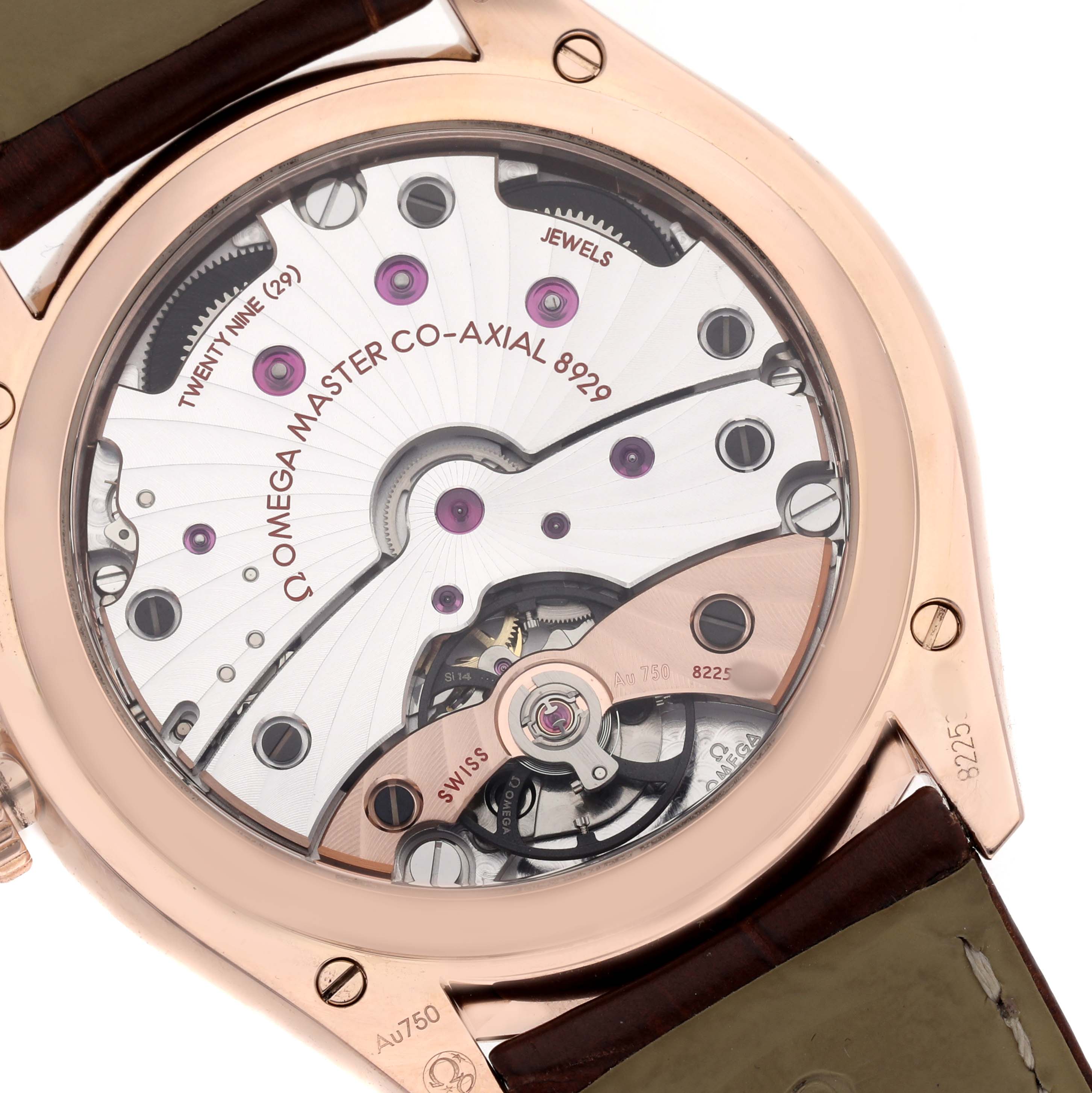 The image shows the back of an Omega De Ville 453.53.40.21.06.001 Men's Rose Gold Grey Dial watch, highlighting the Co-Axial 8929 movement and internal mechanics.