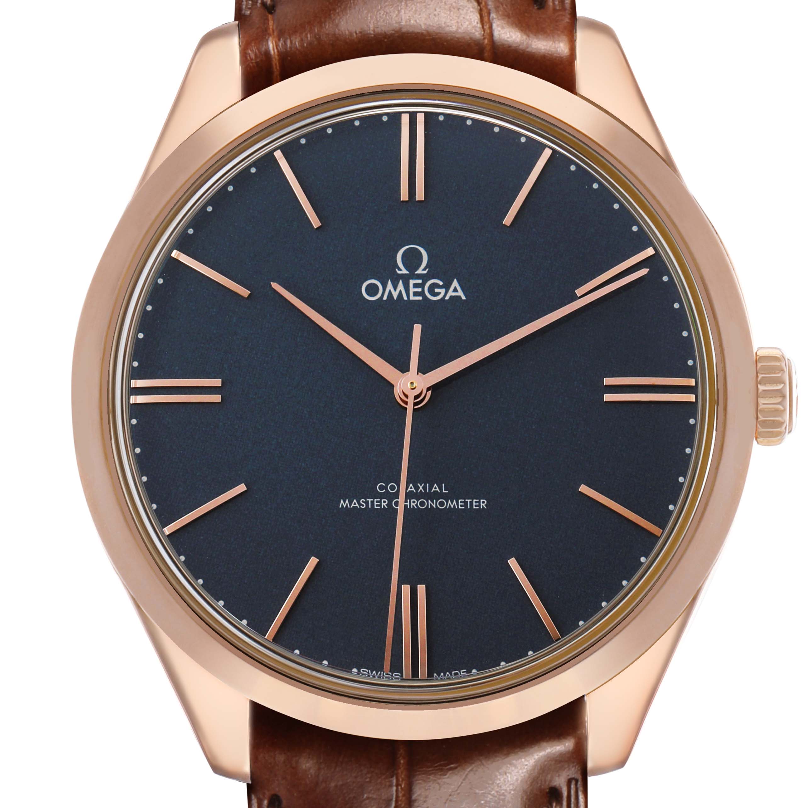 The Omega De Ville 453.53.40.21.06.001 Men's Rose Gold Grey Dial watch is shown from a frontal angle, highlighting its dial, hands, crown, and strap.