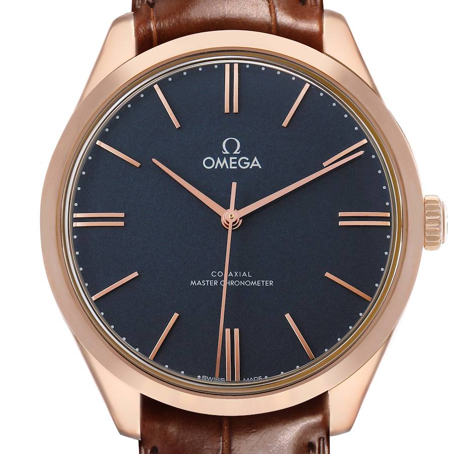 The Omega De Ville 453.53.40.21.06.001 Men's Rose Gold Grey Dial watch is shown from a frontal angle, highlighting its dial, hands, crown, and strap.