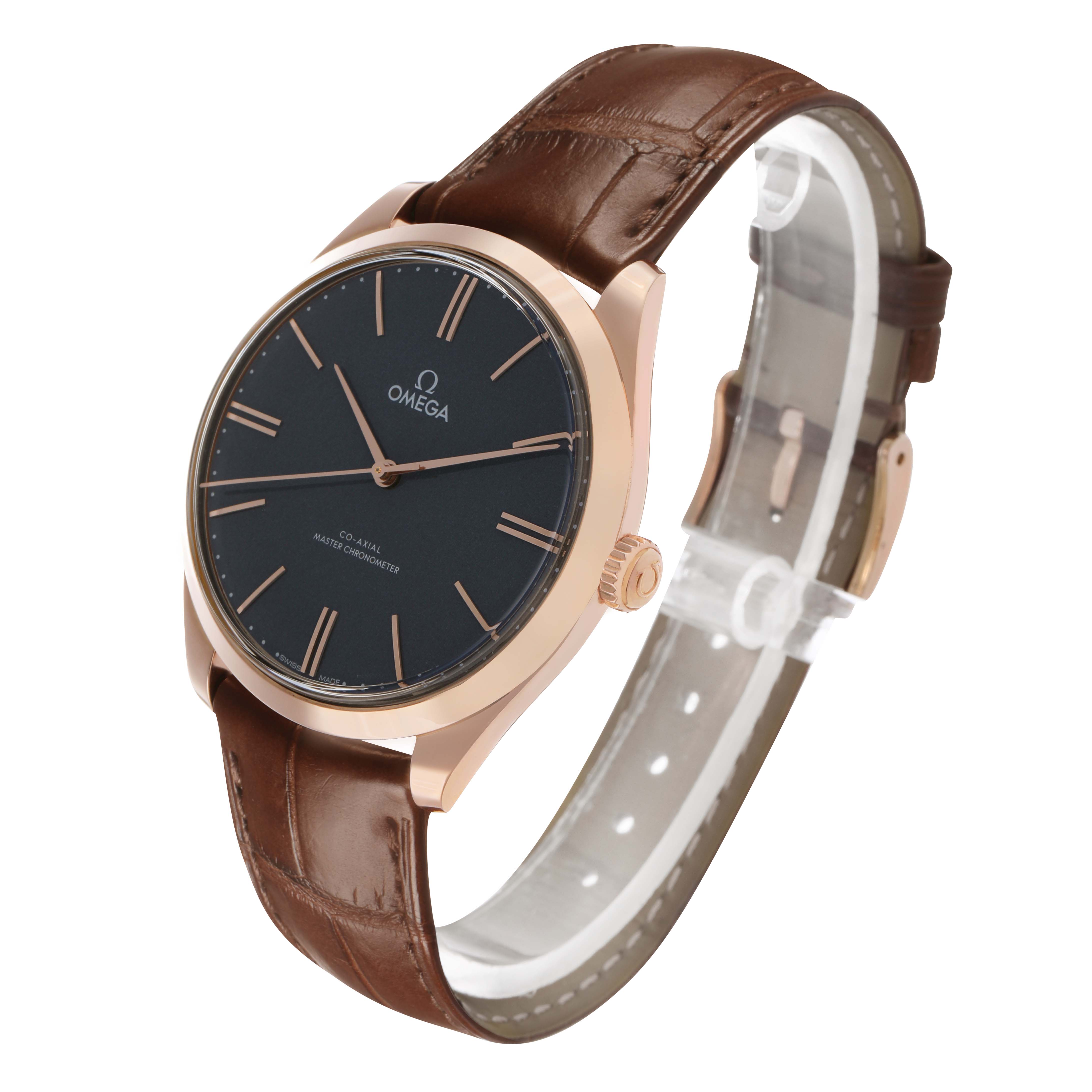 The Omega De Ville 453.53.40.21.06.001 Men's Rose Gold Grey Dial watch is shown at a three-quarter angle highlighting its dial, case, and leather strap.