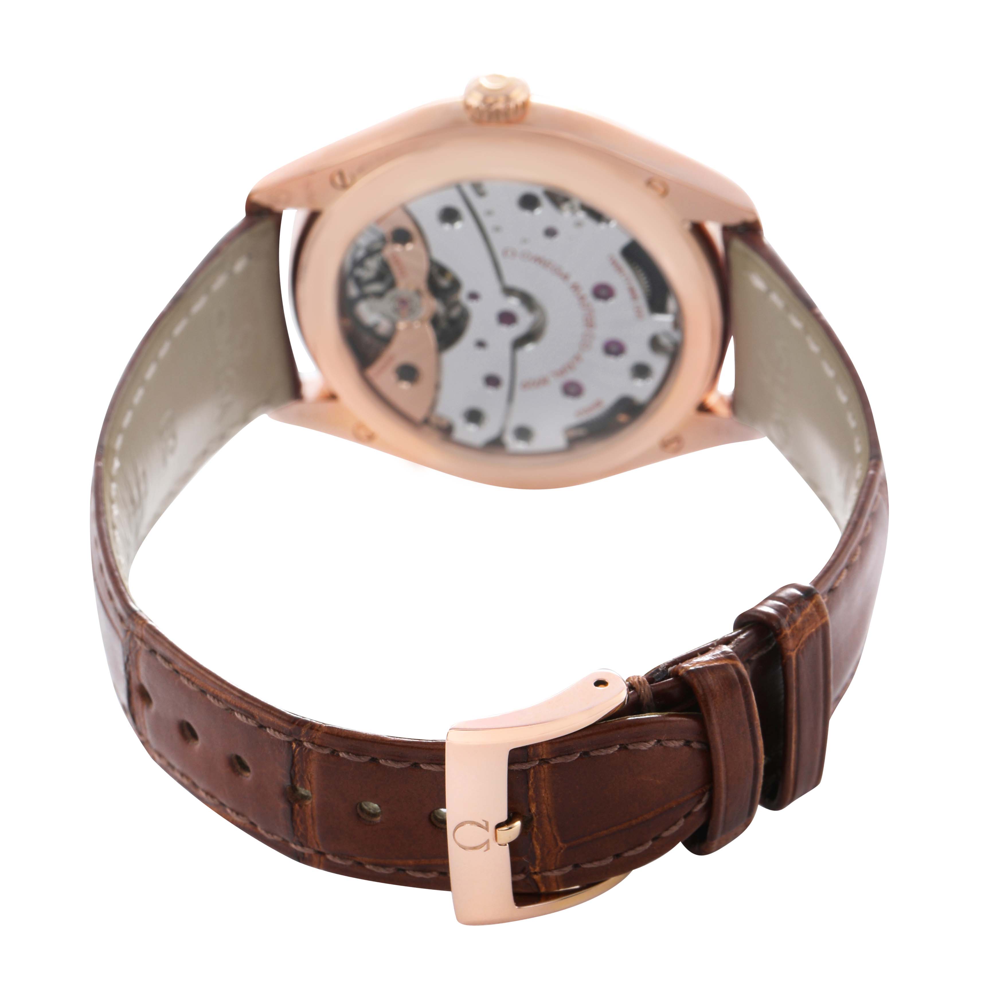 The Omega De Ville 453.53.40.21.06.001 Men's Rose Gold Grey Dial watch is shown from the back, displaying its movement and open leather strap.