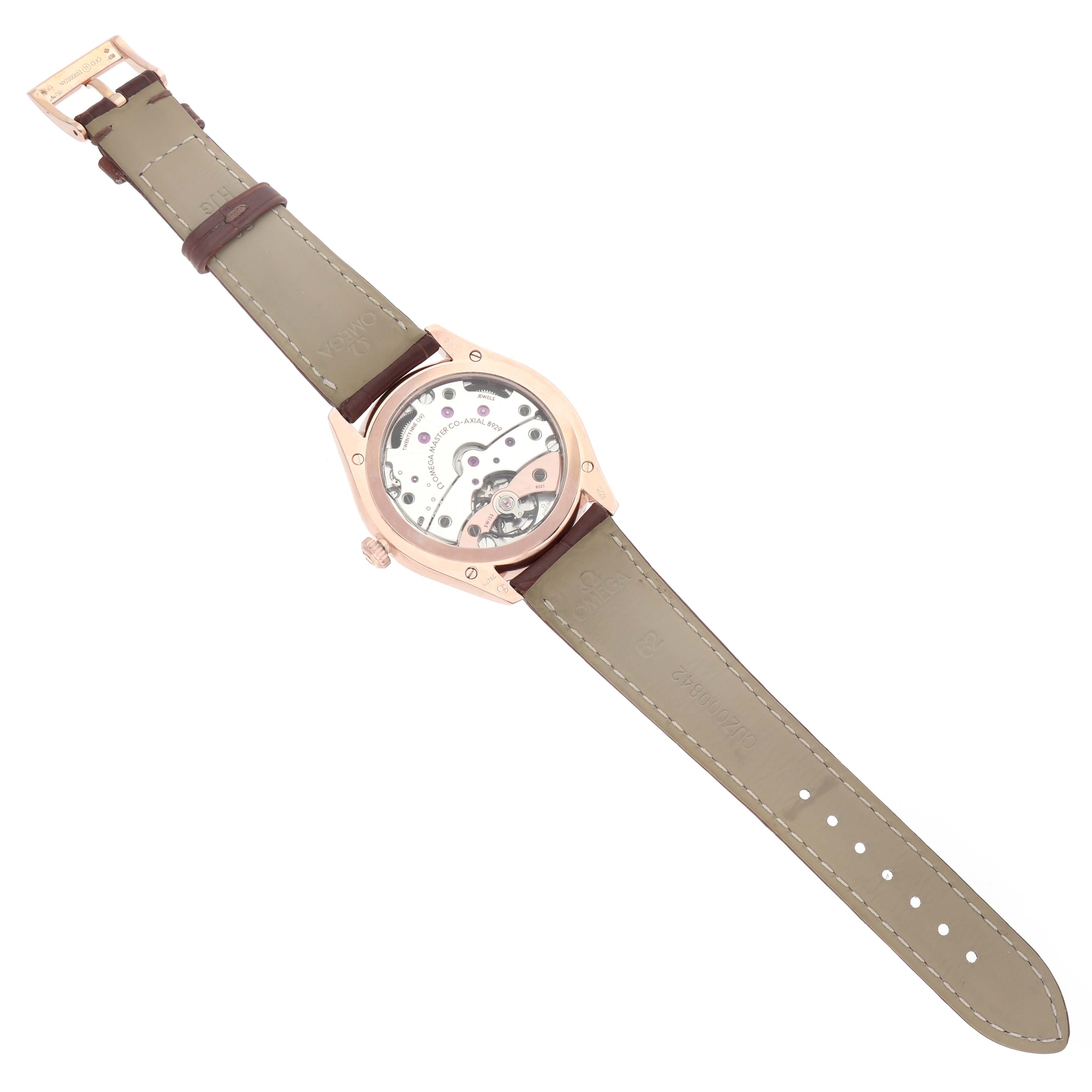 The Omega De Ville 453.53.40.21.06.001 Men's Rose Gold Grey Dial watch is shown from the back, displaying its transparent case back and visible movement.