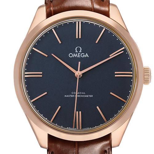 The Omega De Ville 453.53.40.21.06.001 Men's Rose Gold Grey Dial watch is shown from the front, displaying its face, hands, markers, and a portion of the leather strap.