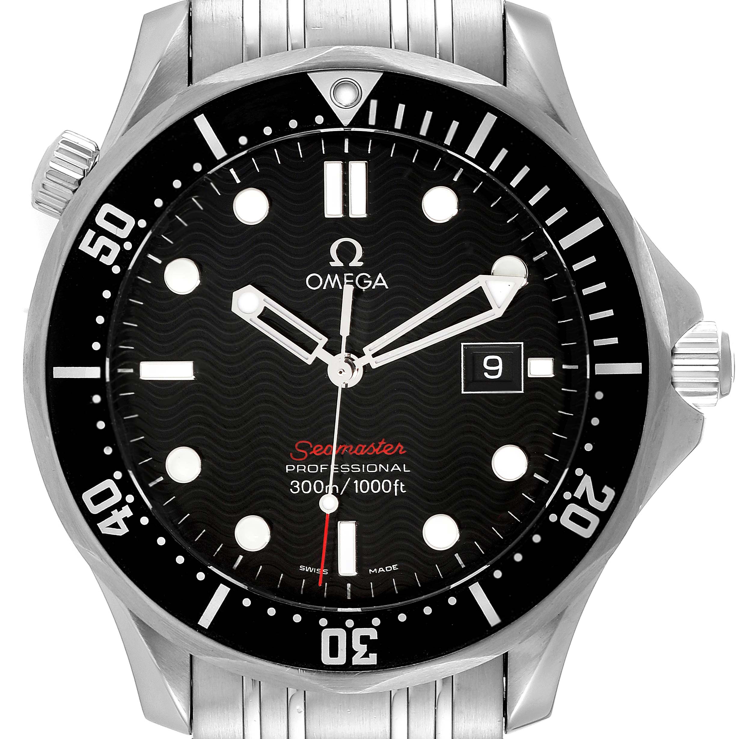 The image shows a front view of the Omega Seamaster 212.30.41.61.01.001 Men's Stainless Steel Black Dial 212.30.41.61.01.001 Men's Stainless Steel Black Dial watch, displaying its dial, bezel, hands, date window, and part of the bracelet.