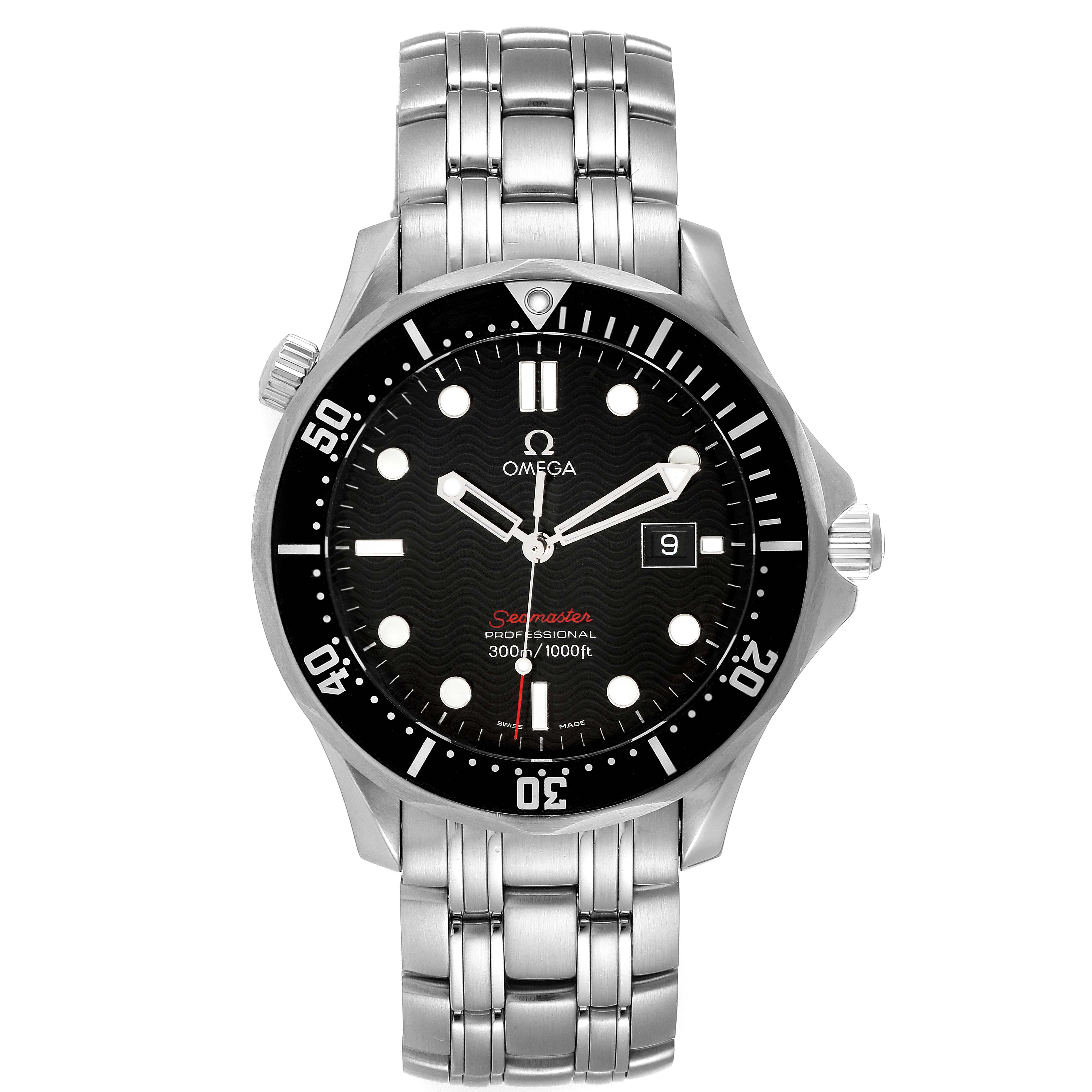 The Omega Seamaster 212.30.41.61.01.001 Men's Stainless Steel Black Dial 212.30.41.61.01.001 Men's Stainless Steel Black Dial watch is shown from a front angle, displaying its dial, bezel, and bracelet.