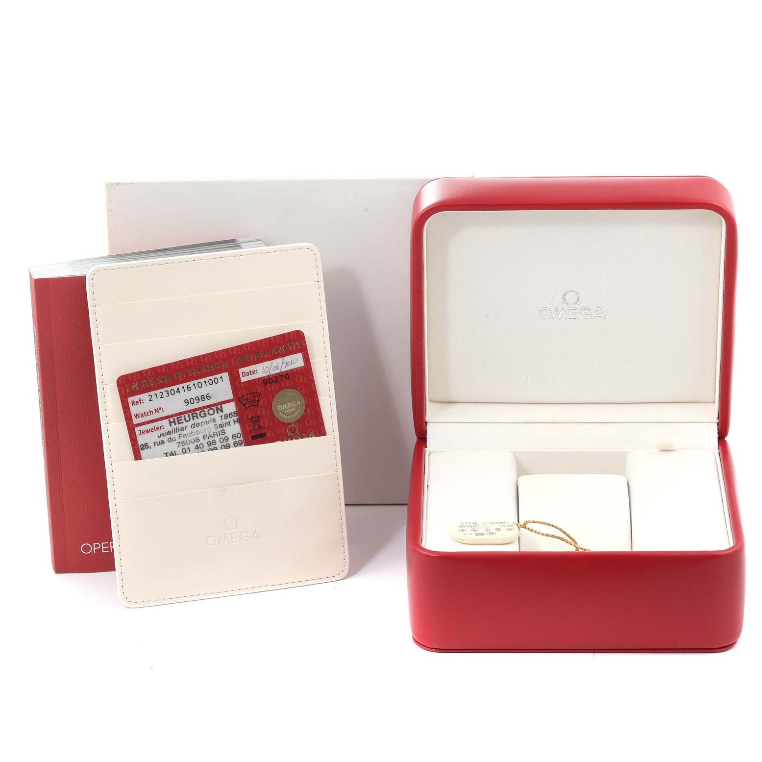 The image shows the Omega Seamaster 212.30.41.61.01.001 Men's Stainless Steel Black Dial 212.30.41.61.01.001 Men's Stainless Steel Black Dial watch box, warranty card, and instruction manual.