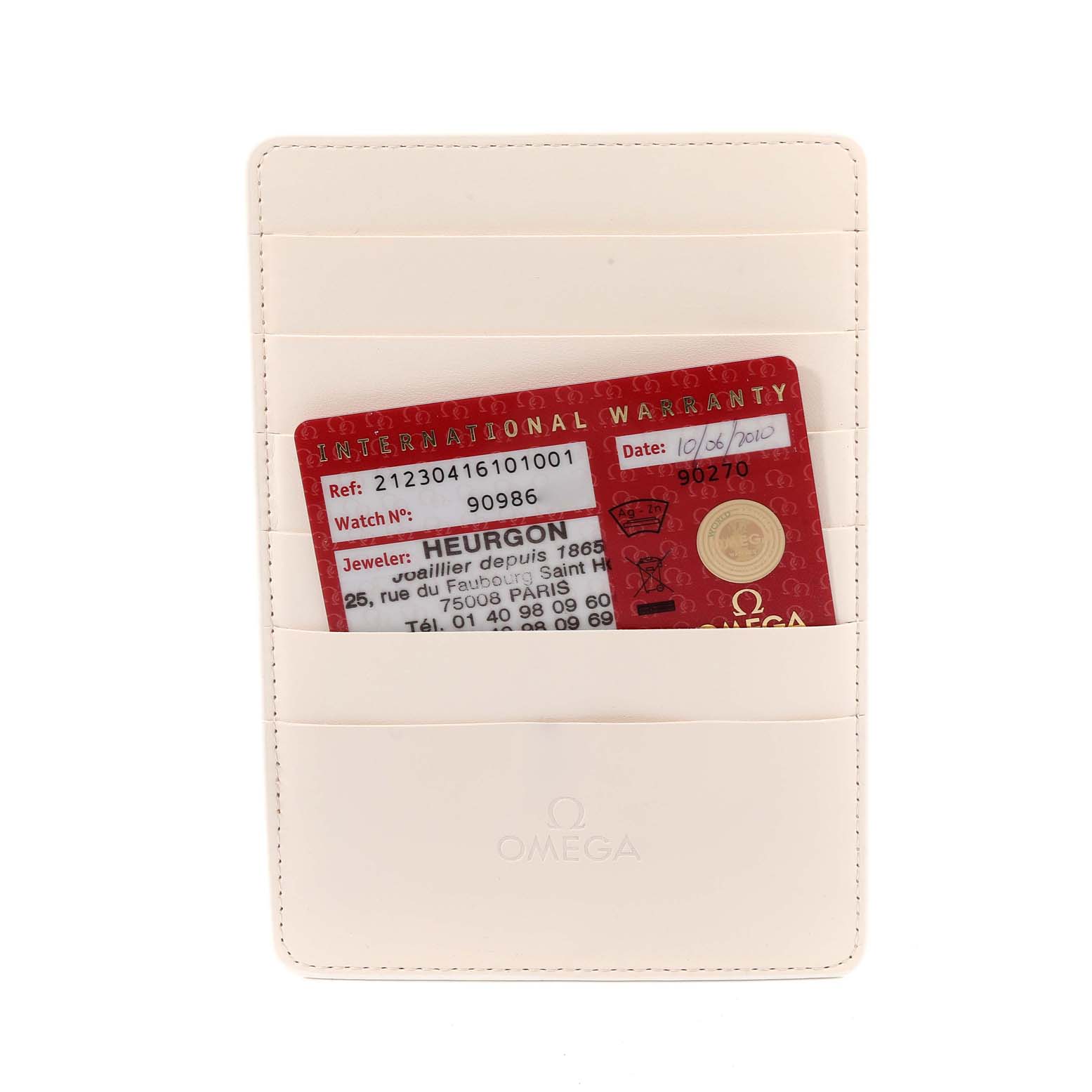 The image shows an Omega Seamaster 212.30.41.61.01.001 Men's Stainless Steel Black Dial 212.30.41.61.01.001 Men's Stainless Steel Black Dial watch warranty card placed inside an Omega-branded cardholder.