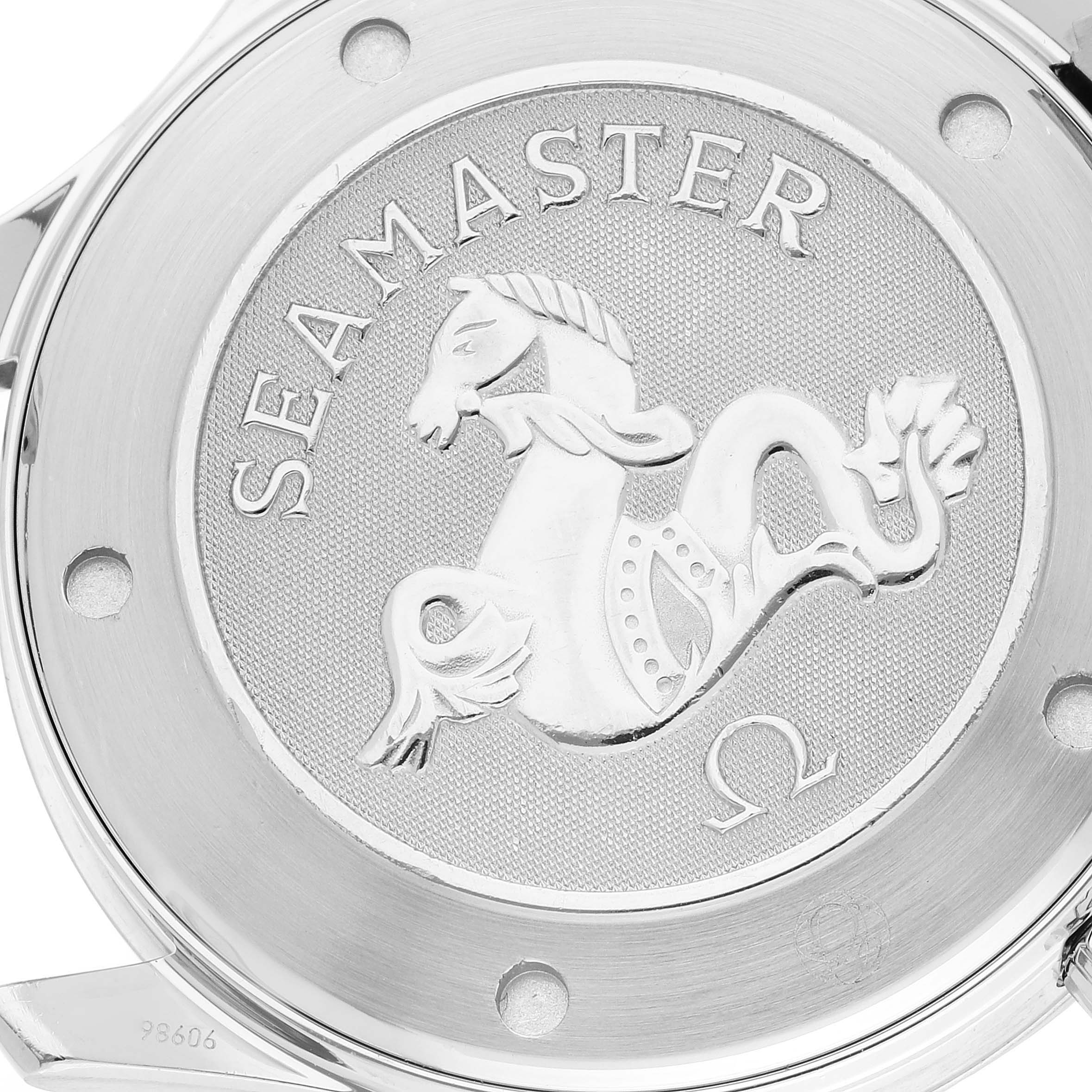 This image shows the case back of an Omega Seamaster 212.30.41.61.01.001 Men's Stainless Steel Black Dial 212.30.41.61.01.001 Men's Stainless Steel Black Dial watch with its engraved logo.