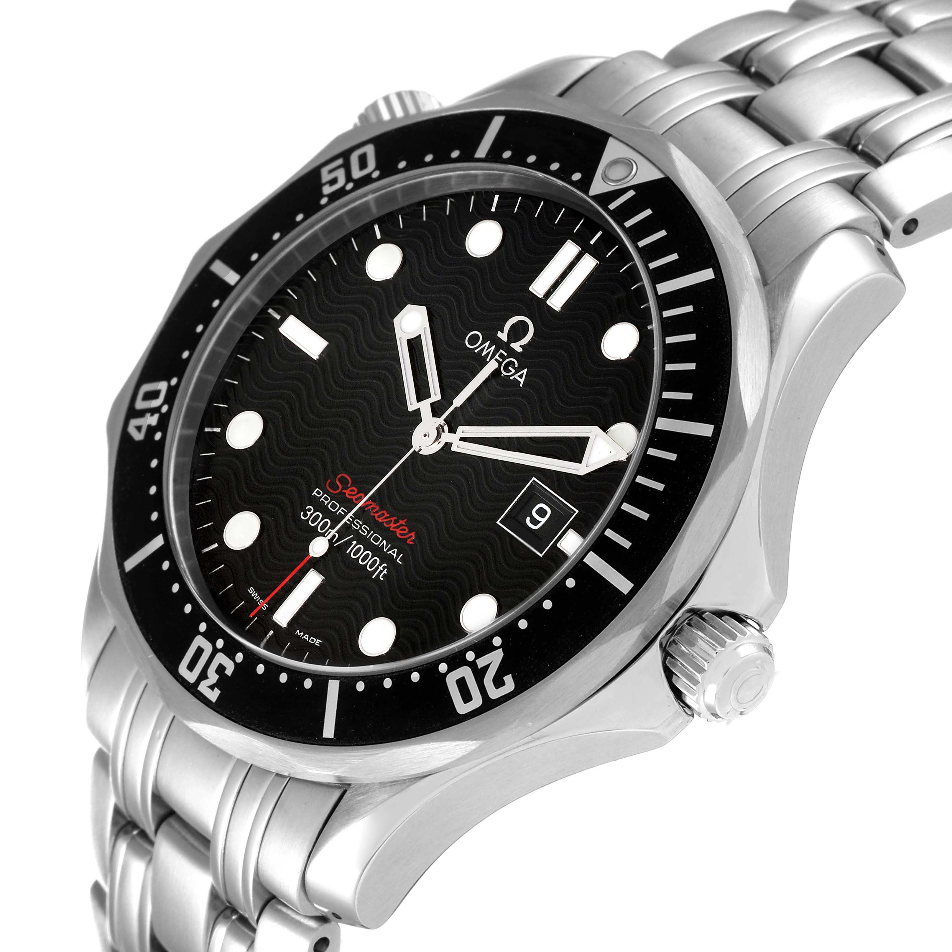 This image shows a side-front angle of the Omega Seamaster 212.30.41.61.01.001 Men's Stainless Steel Black Dial 212.30.41.61.01.001 Men's Stainless Steel Black Dial watch, highlighting its bezel, dial, and stainless steel bracelet.