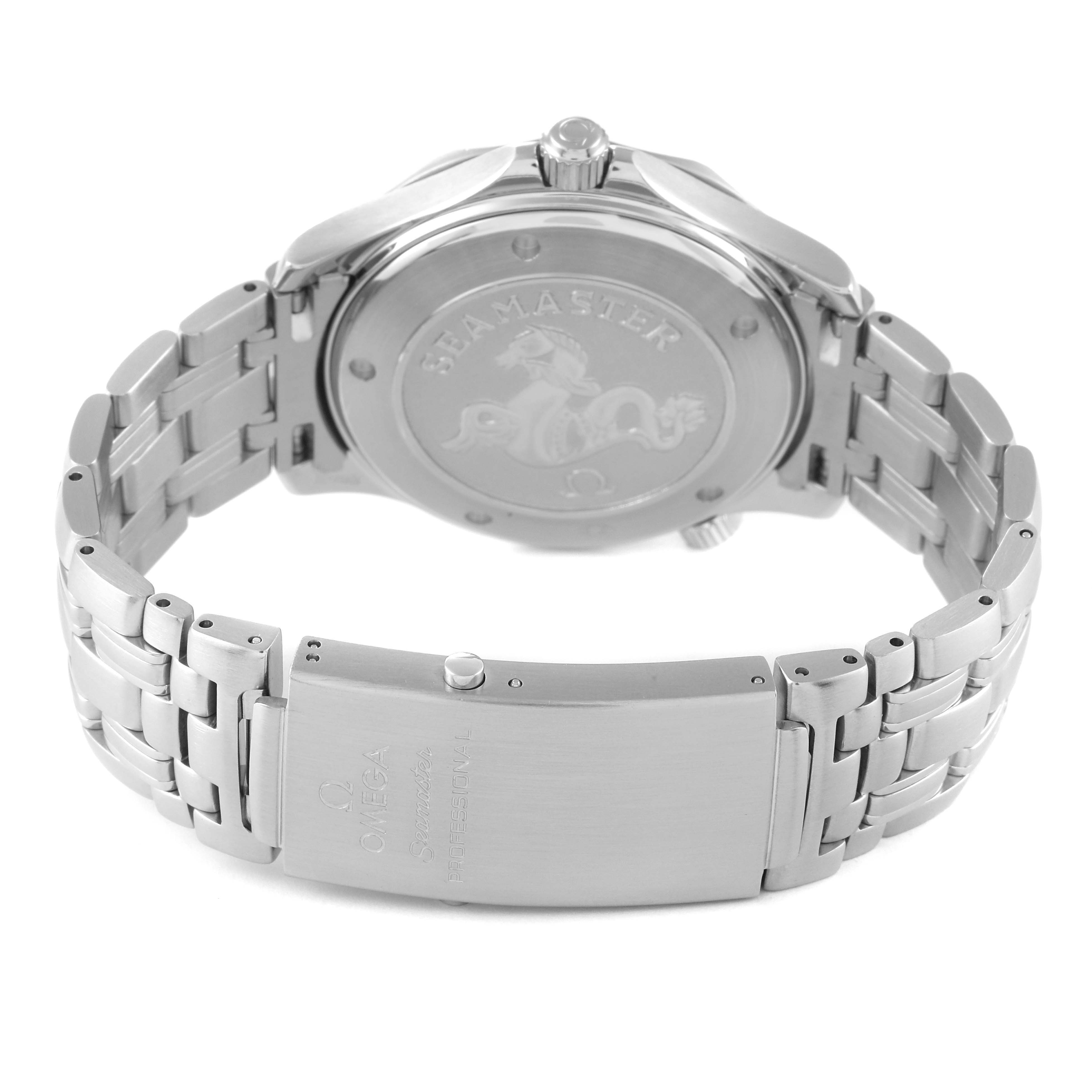 The image shows the back of an Omega Seamaster 212.30.41.61.01.001 Men's Stainless Steel Black Dial 212.30.41.61.01.001 Men's Stainless Steel Black Dial watch, highlighting its case back, crown, bracelet, and clasp.