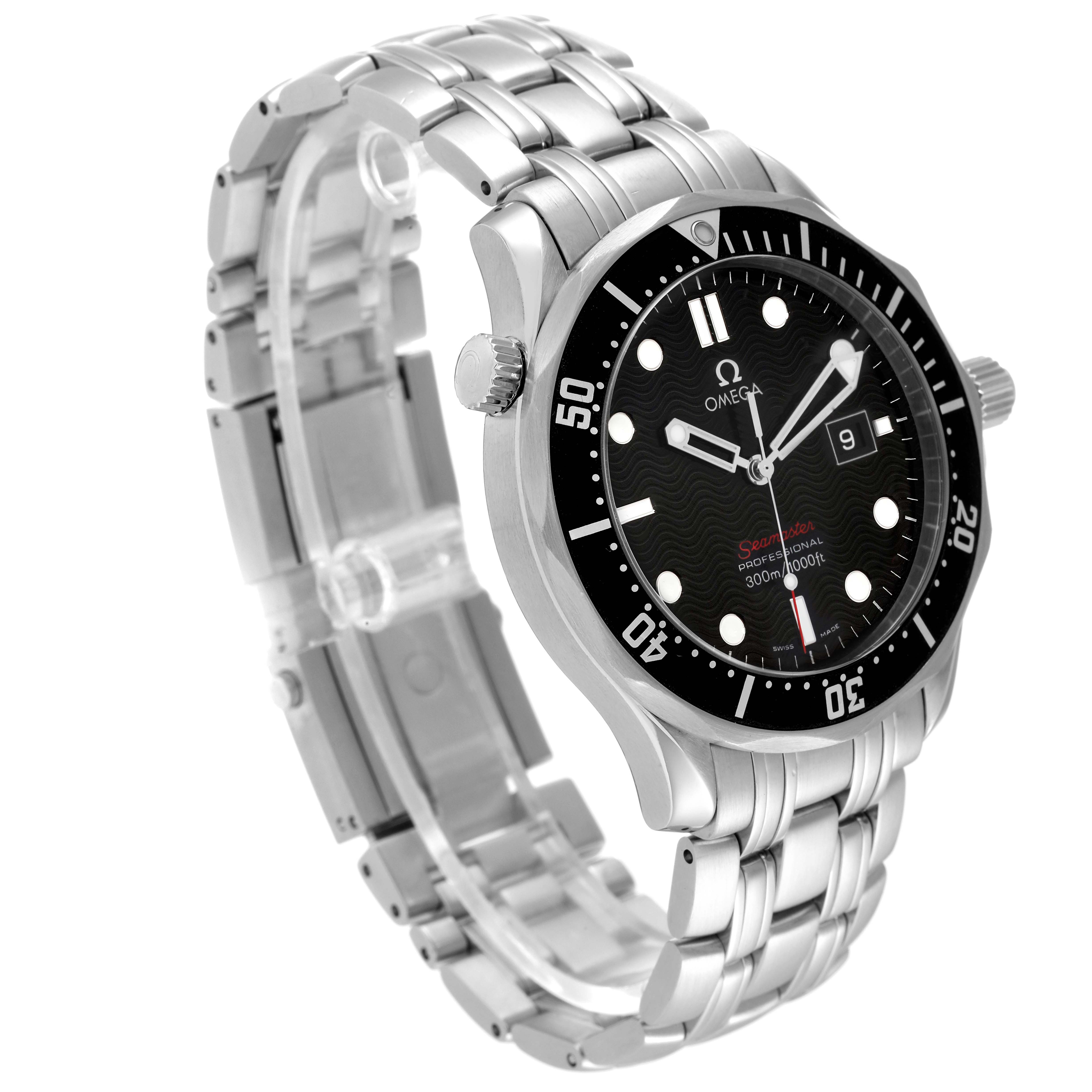 The Omega Seamaster 212.30.41.61.01.001 Men's Stainless Steel Black Dial 212.30.41.61.01.001 Men's Stainless Steel Black Dial watch is shown at an angled side view, displaying its face, bezel, crown, and metal bracelet.
