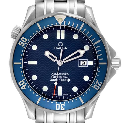 The Omega Seamaster watch is shown from the front, highlighting its dial, bezel, and bracelet.