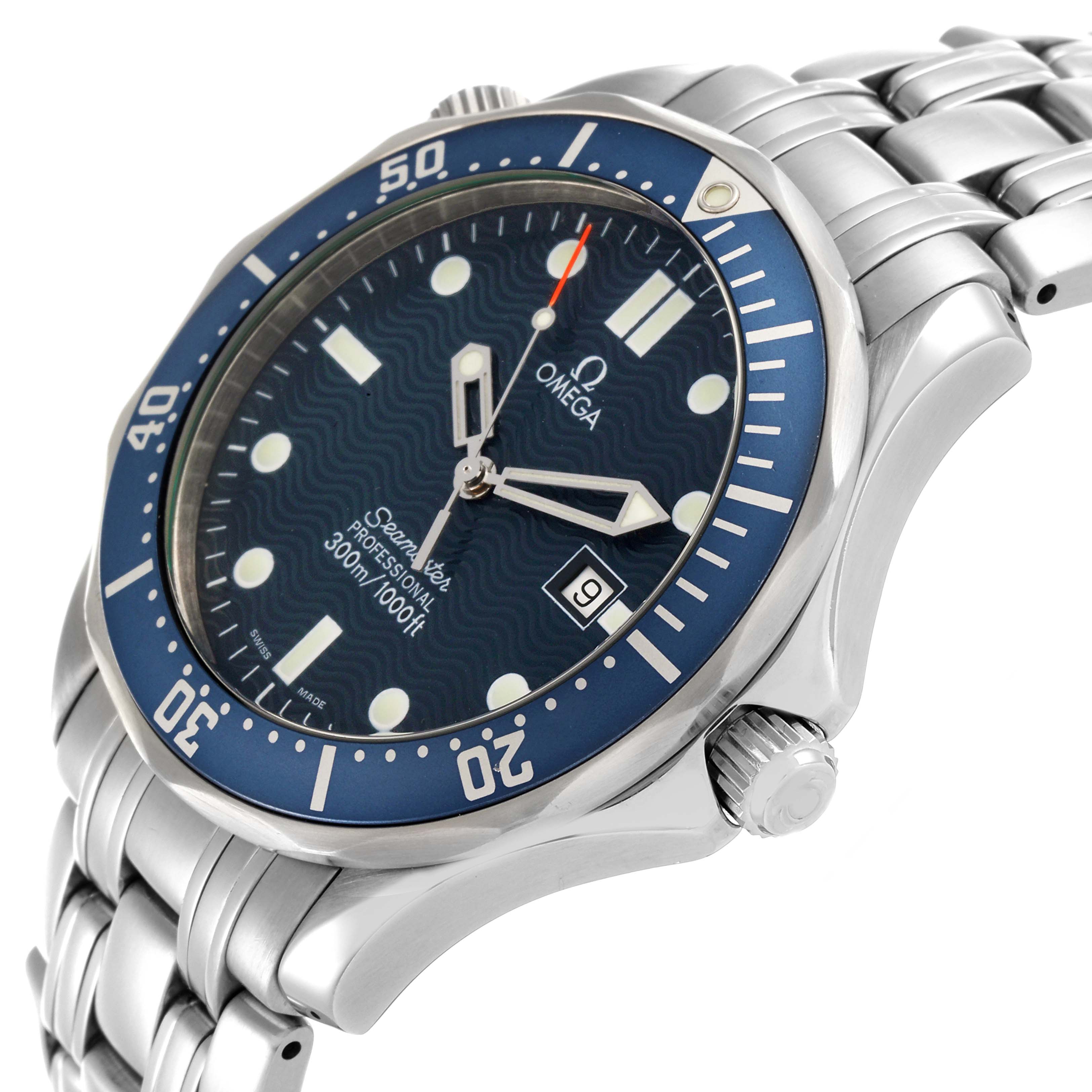 The image shows a side angle of the Omega Seamaster 2541.80.00 Men
s Stainless Steel Blue Dial 2541.80.00 Men
s Stainless Steel Blue Dial watch, highlighting the bezel, dial, crown, and stainless steel bracelet.