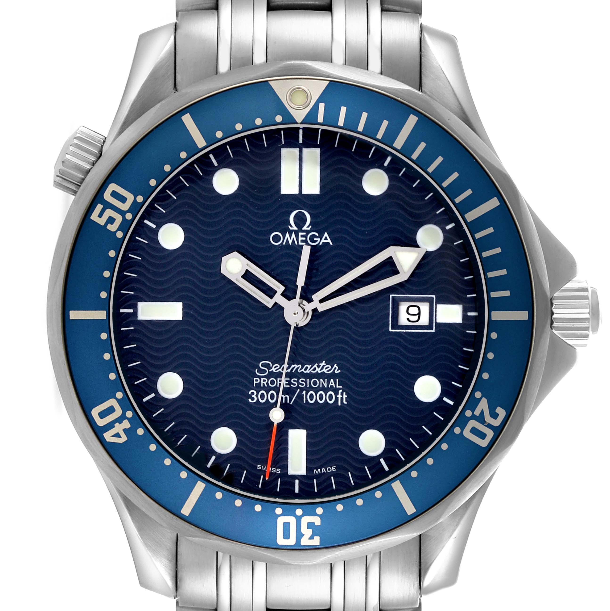 The Omega Seamaster 2541.80.00 Men
s Stainless Steel Blue Dial 2541.80.00 Men
s Stainless Steel Blue Dial watch is shown from a top-down view, highlighting its face, bezel, and part of the bracelet.