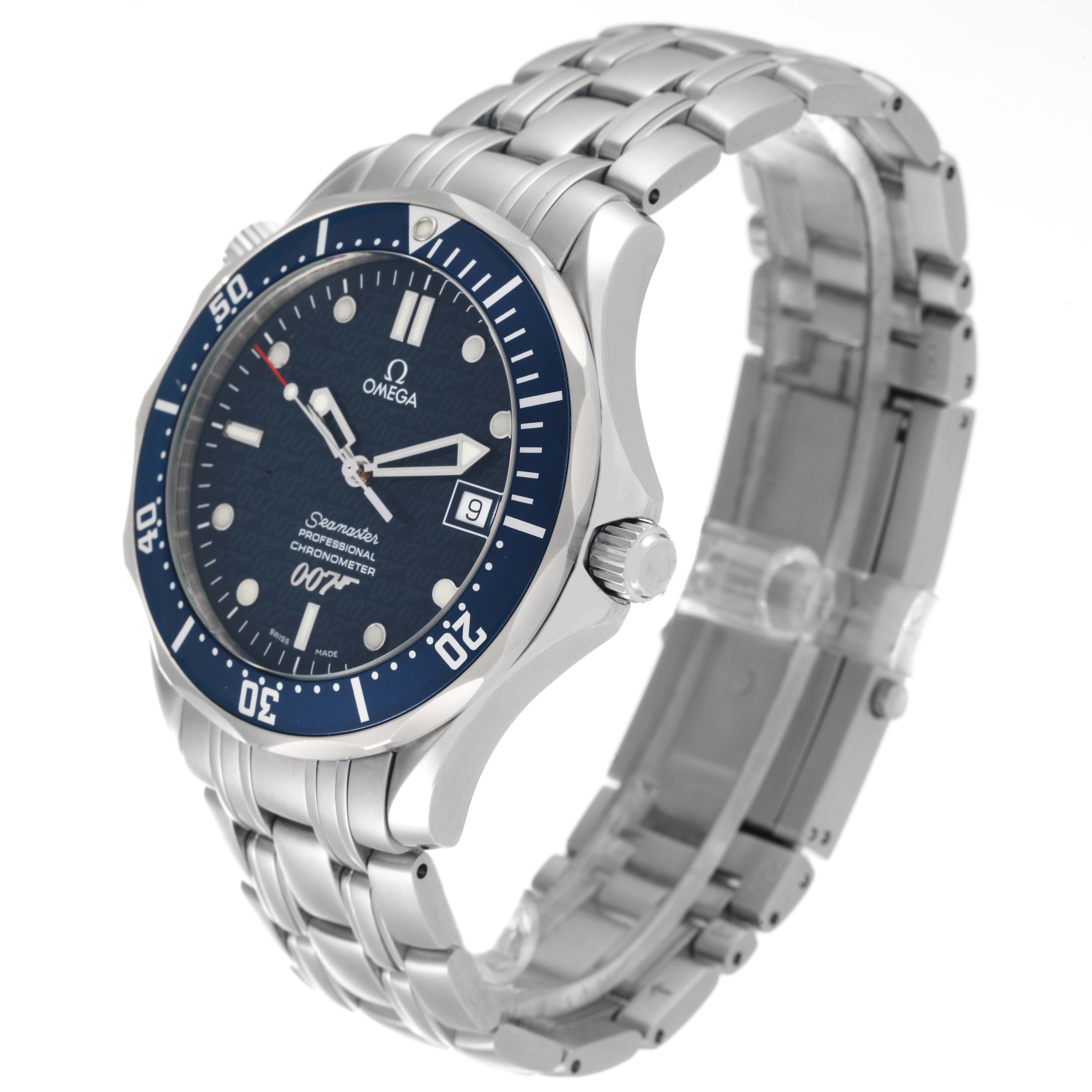 The Omega Seamaster 2537.80.00 Men's Stainless Steel Blue Dial 2537.80.00 Men's Stainless Steel Blue Dial watch is shown at a slight side angle, displaying its blue face, bezel, crown, and metallic bracelet.