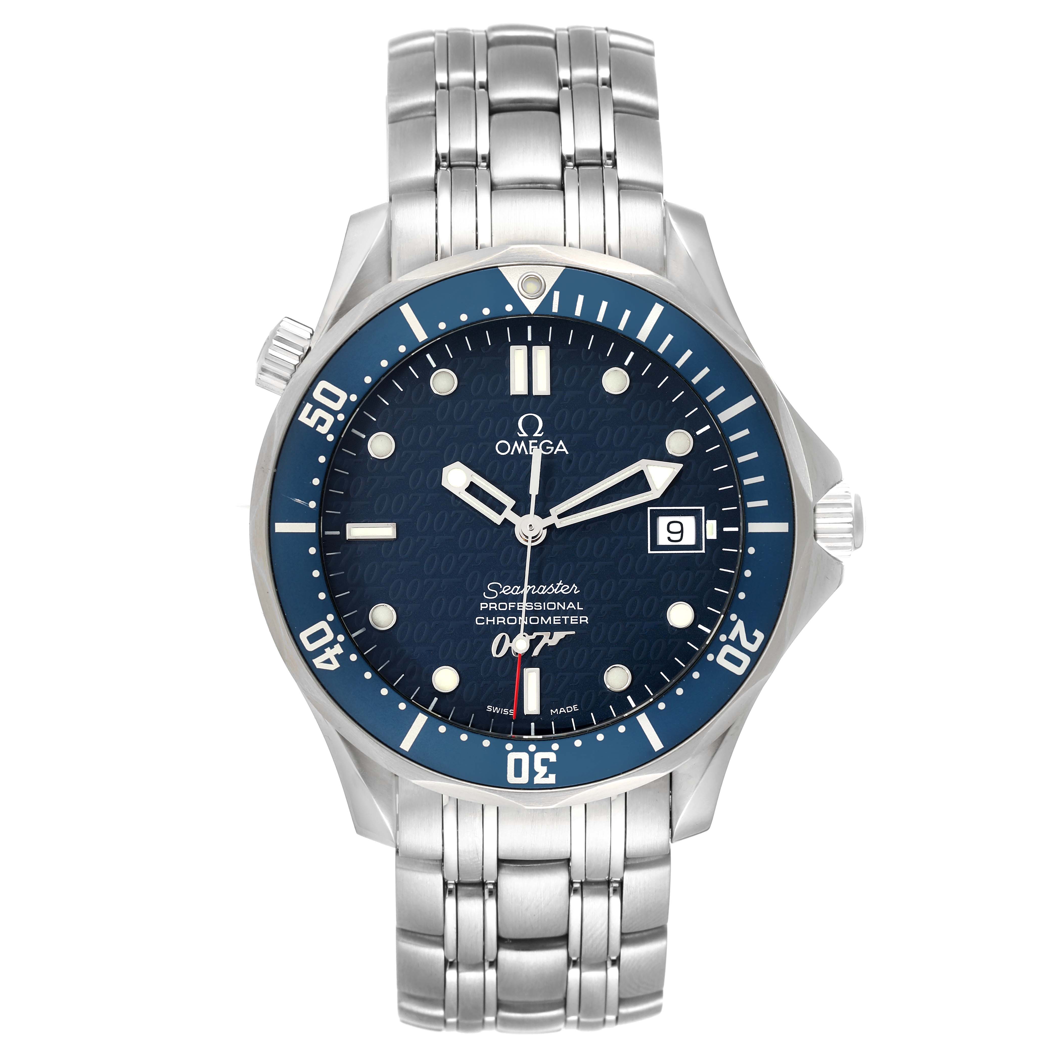 The image shows a front view of an Omega Seamaster 2537.80.00 Men's Stainless Steel Blue Dial 2537.80.00 Men's Stainless Steel Blue Dial watch with a blue dial and silver metal bracelet.