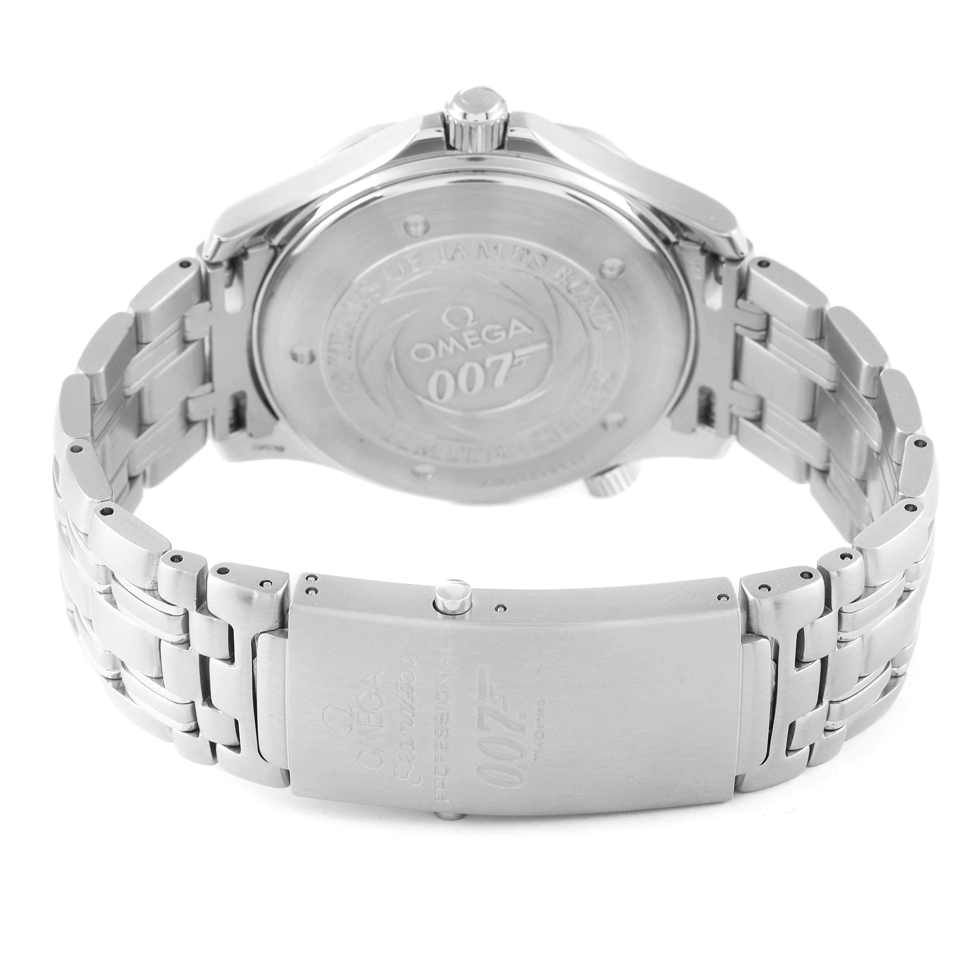 The image shows the Omega Seamaster 2537.80.00 Men's Stainless Steel Blue Dial 2537.80.00 Men's Stainless Steel Blue Dial watch's back case and bracelet from an angled rear view.