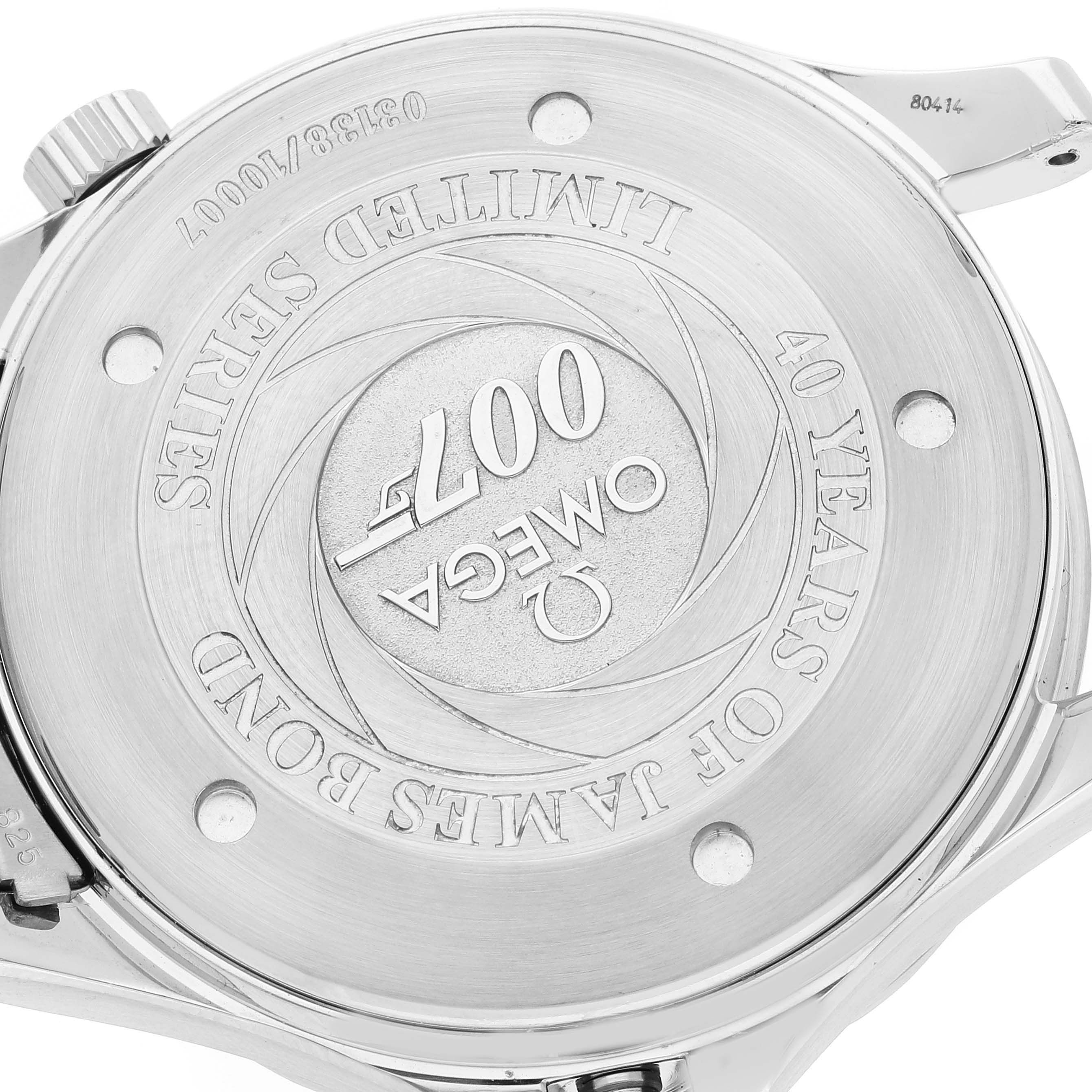 The image shows the back casing of an Omega Seamaster 2537.80.00 Men's Stainless Steel Blue Dial 2537.80.00 Men's Stainless Steel Blue Dial watch, featuring engraved text and logos.