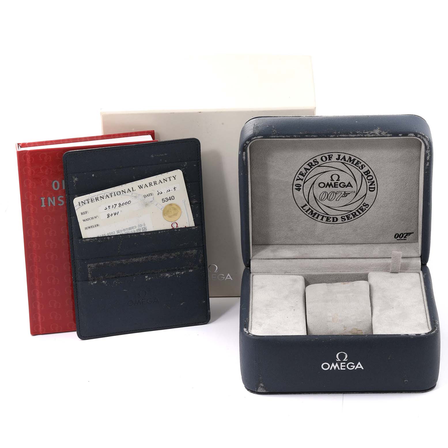 The image shows the Omega Seamaster 2537.80.00 Men's Stainless Steel Blue Dial 2537.80.00 Men's Stainless Steel Blue Dial watch box, warranty card, instruction manual, and outer packaging from a front angle.