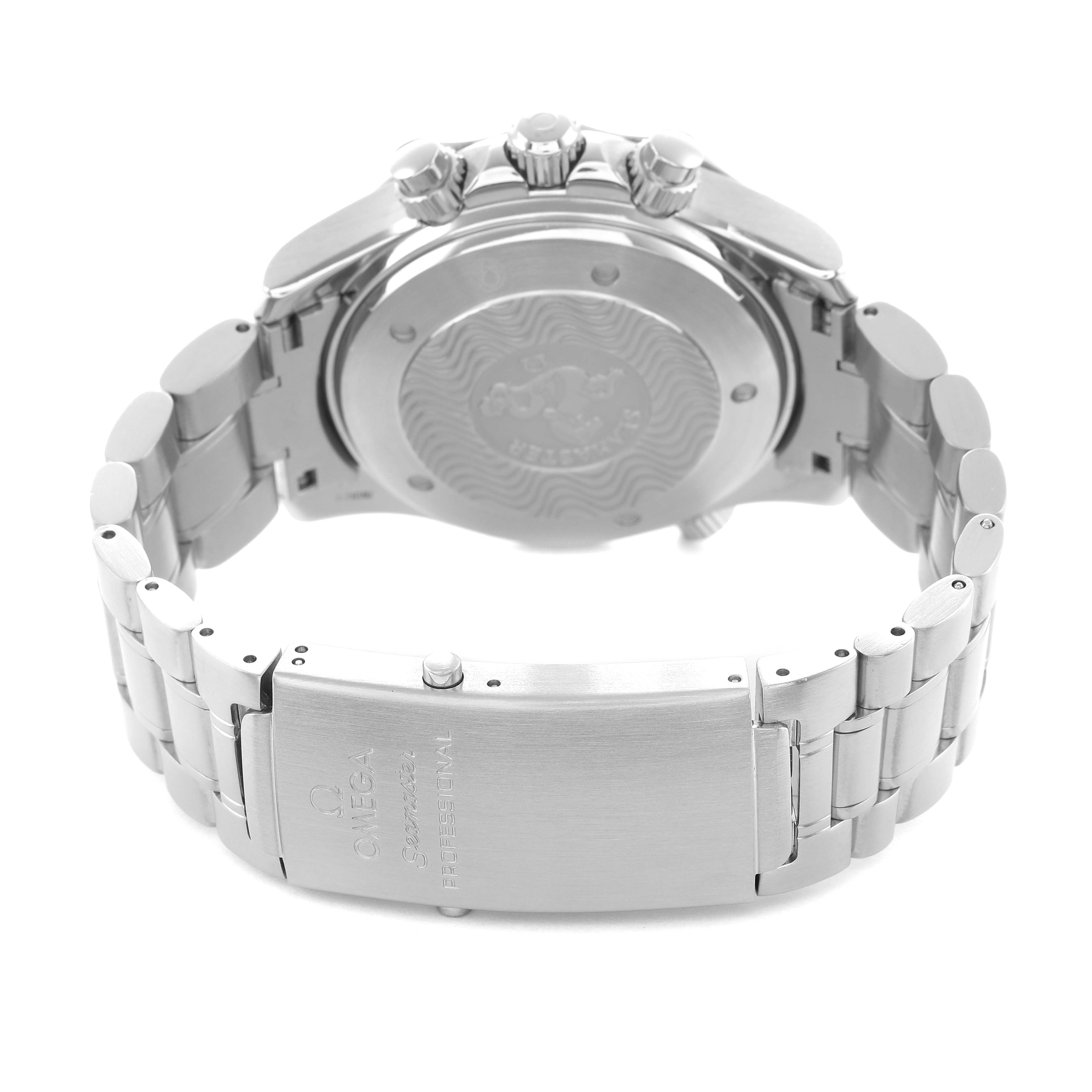 The Omega Seamaster 2594.52.00 Men's Stainless Steel Black Dial watch is shown from the back, highlighting the case back, crown, pushers, and metal bracelet with clasp.