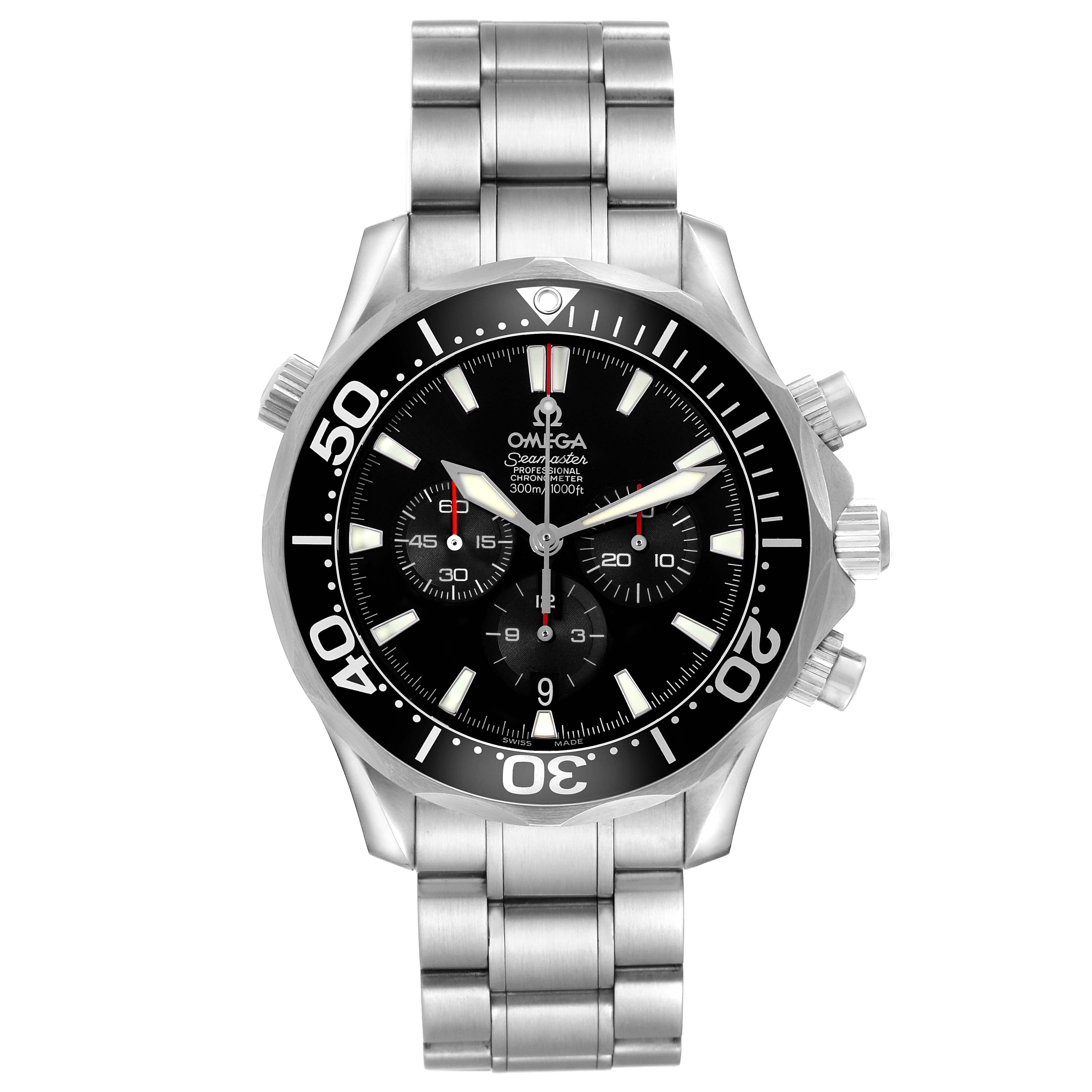The Omega Seamaster 2594.52.00 Men's Stainless Steel Black Dial watch is shown from a front angle, displaying the dial, bezel, bracelet, and pushers.
