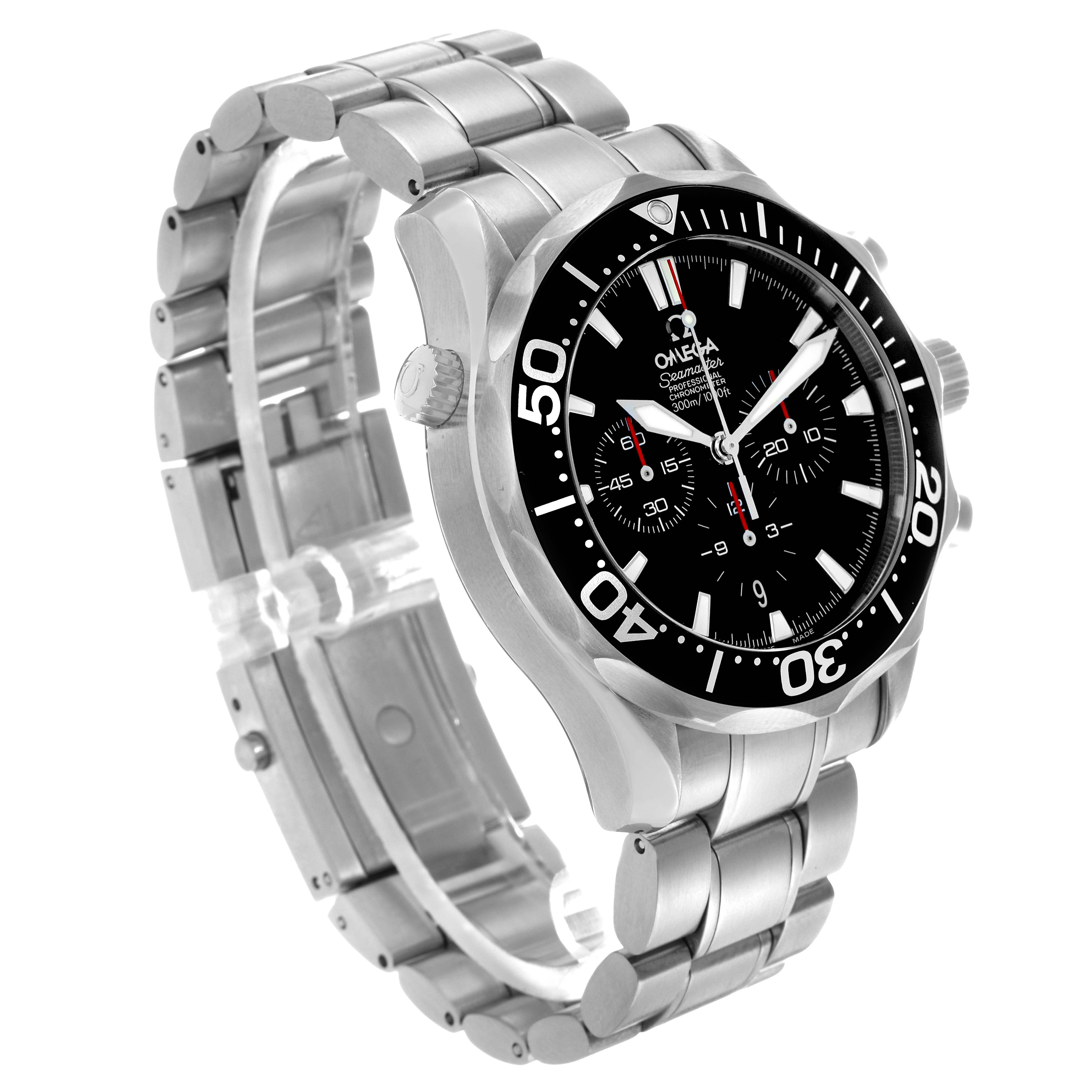 The Omega Seamaster 2594.52.00 Men's Stainless Steel Black Dial watch is shown at a three-quarter angle, highlighting its face, bezel, and stainless steel bracelet.