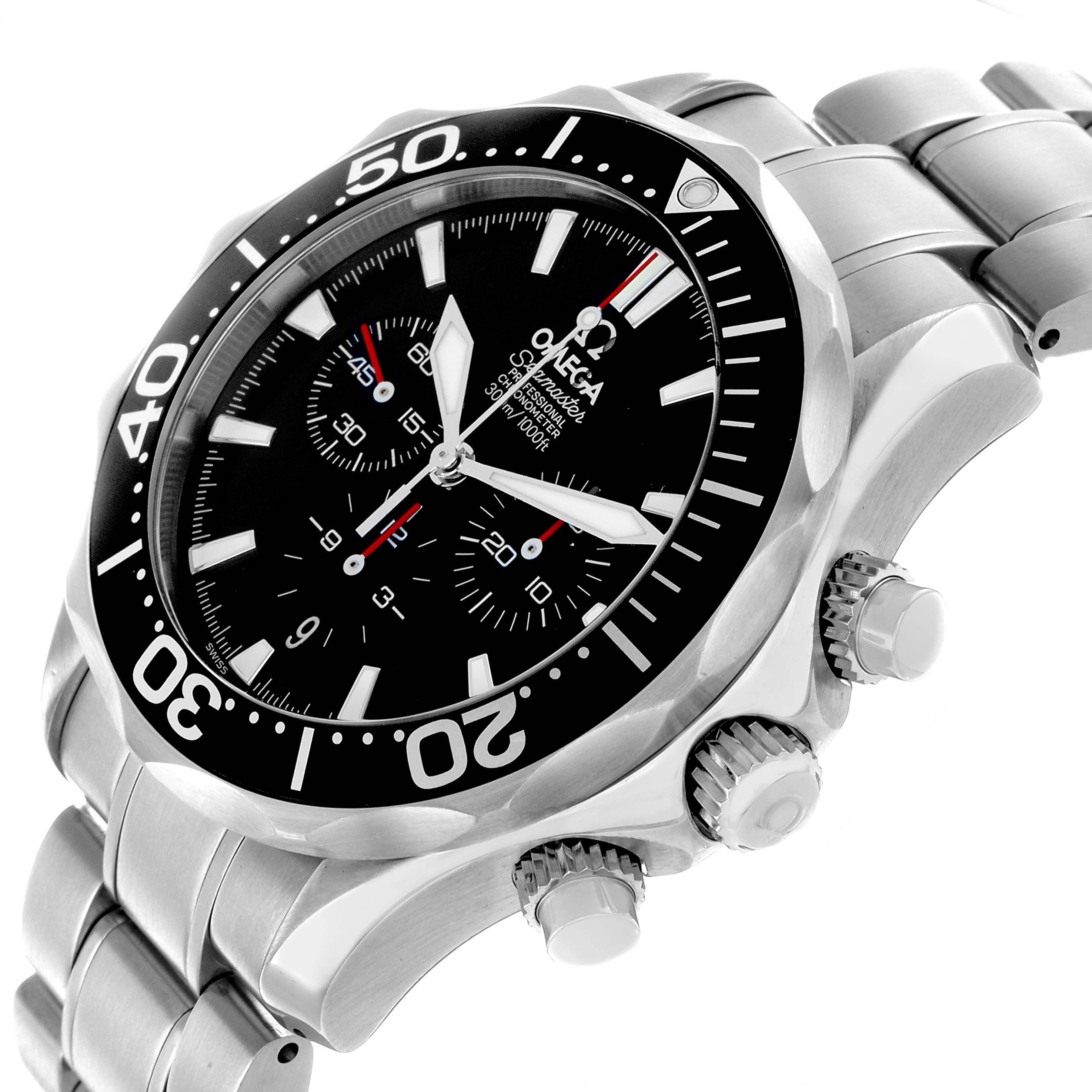 The Omega Seamaster 2594.52.00 Men's Stainless Steel Black Dial watch is shown at a slight angle, highlighting the bezel, crown, pushers, and bracelet links.