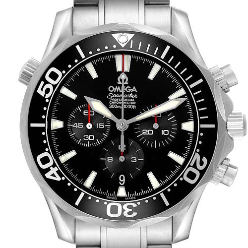 The Omega Seamaster 2594.52.00 Men's Stainless Steel Black Dial watch is shown from a front angle, highlighting the bezel, dial, subdials, and bracelet.