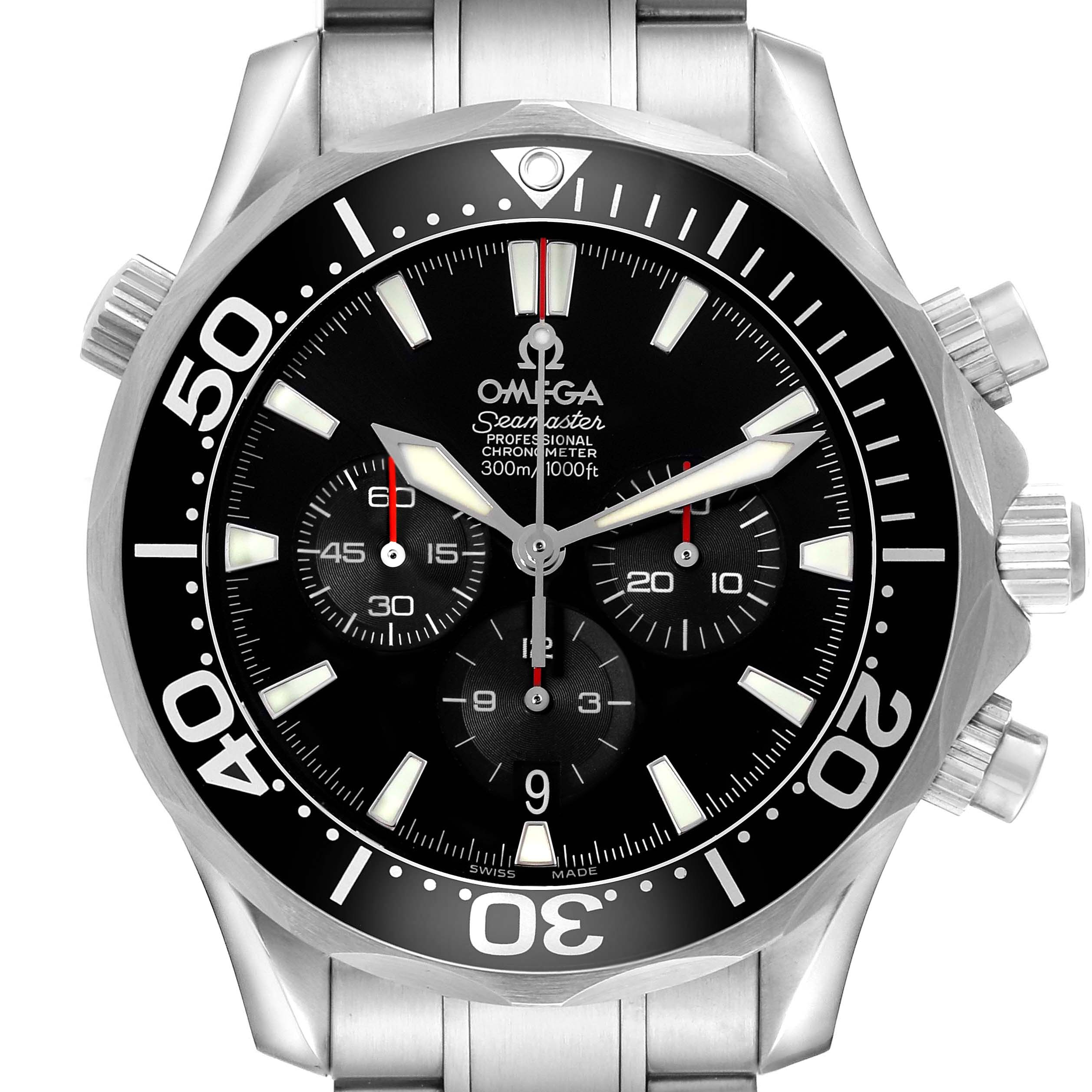 The Omega Seamaster 2594.52.00 Men's Stainless Steel Black Dial watch is shown from the front, highlighting the dial, bezel, and chronograph subdials.