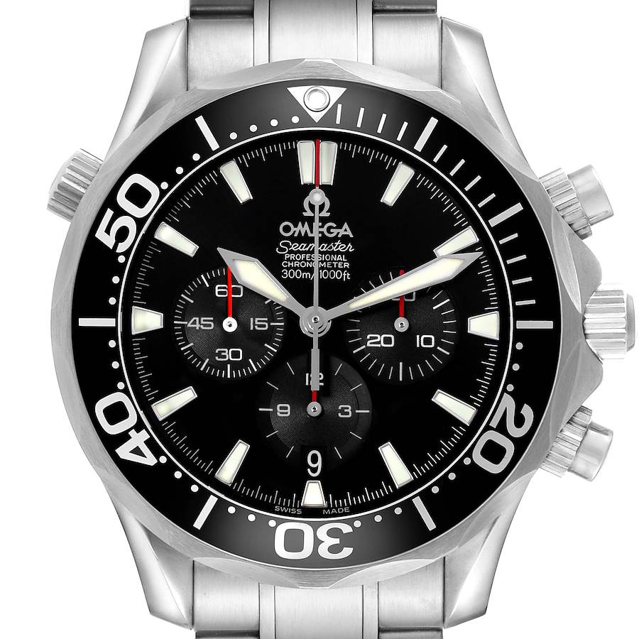 The Omega Seamaster 2594.52.00 Men's Stainless Steel Black Dial watch is shown from the front, highlighting the dial, bezel, and chronograph subdials.