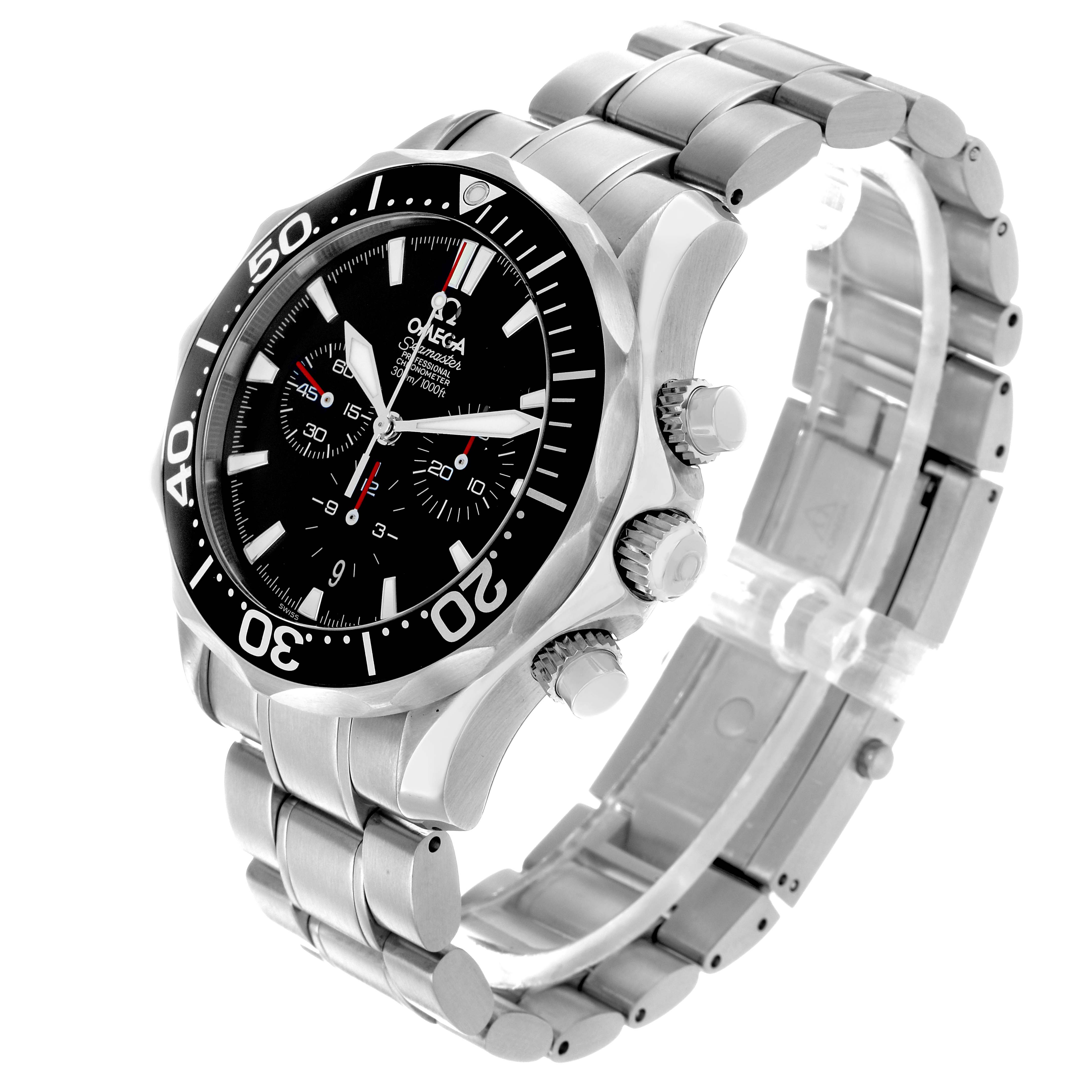 The Omega Seamaster 2594.52.00 Men's Stainless Steel Black Dial watch is shown at an oblique angle displaying its bezel, dial, bracelet, and crown.