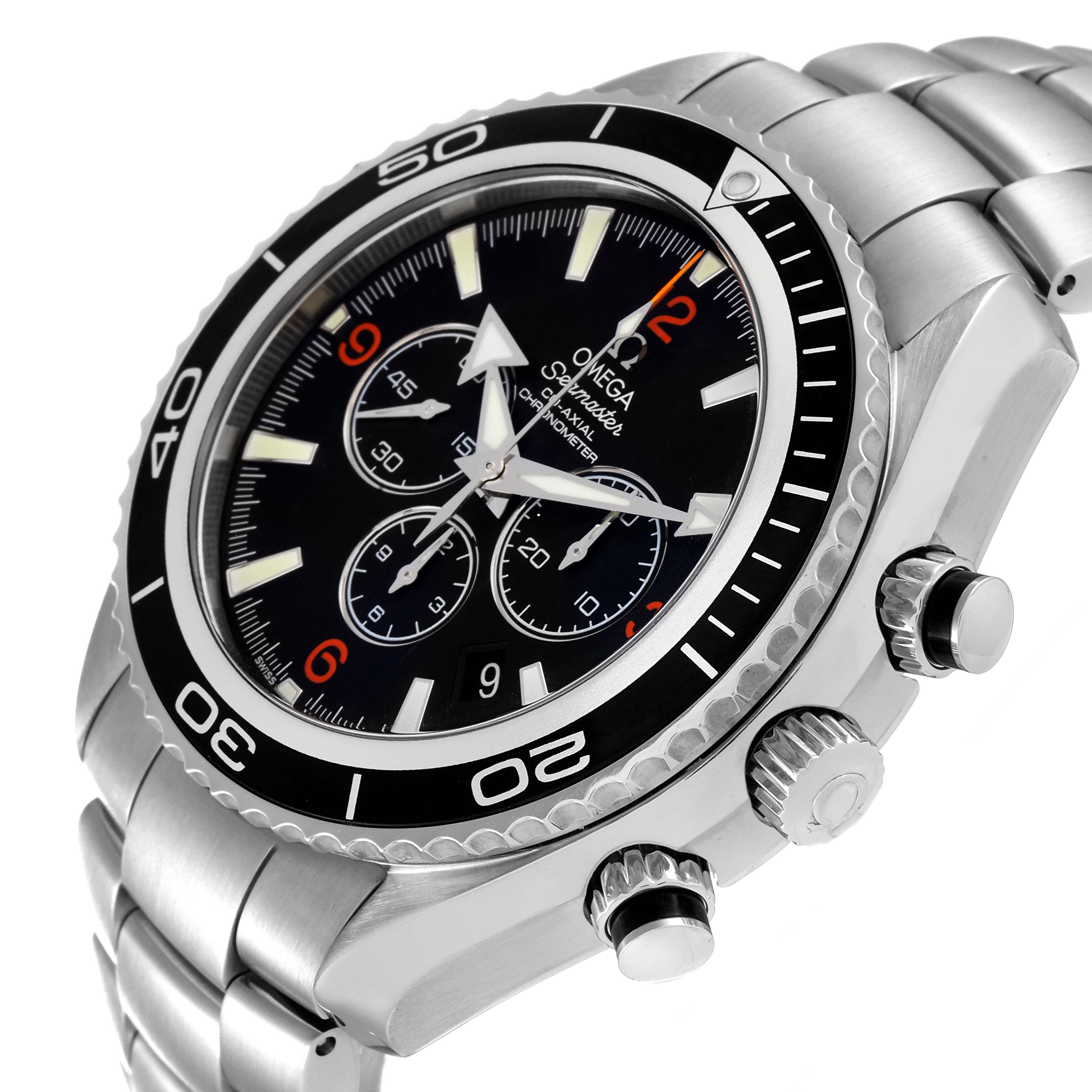 This image shows a side angle of the Omega Planet Ocean 2210.50.00 Men's Stainless Steel Black Dial 2210.50.00 Men's Stainless Steel Black Dial watch, highlighting the bezel, dial, and pushers.