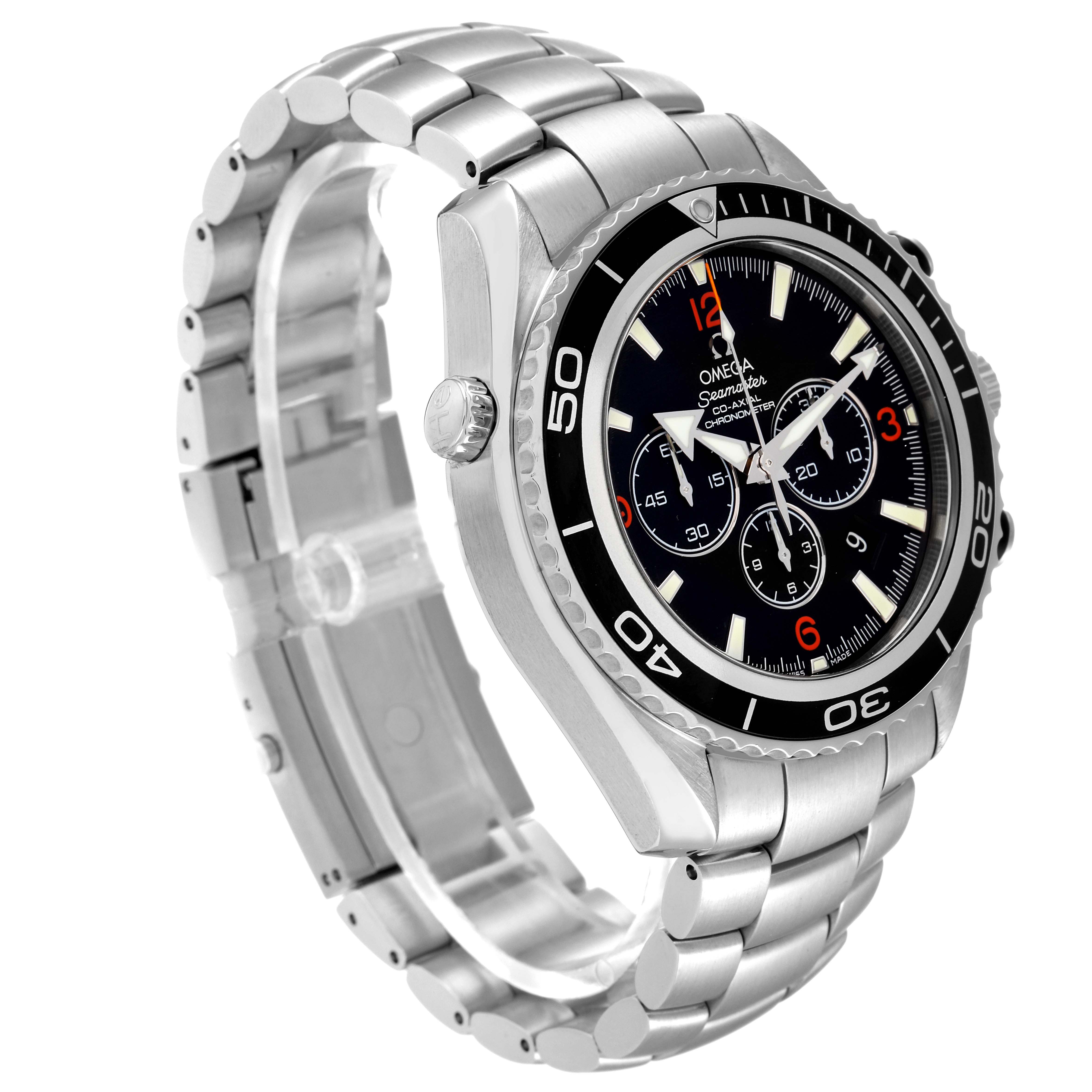 This image shows an angled view of the Omega Planet Ocean 2210.50.00 Men's Stainless Steel Black Dial 2210.50.00 Men's Stainless Steel Black Dial watch, displaying its face, bezel, crown, and stainless steel bracelet.