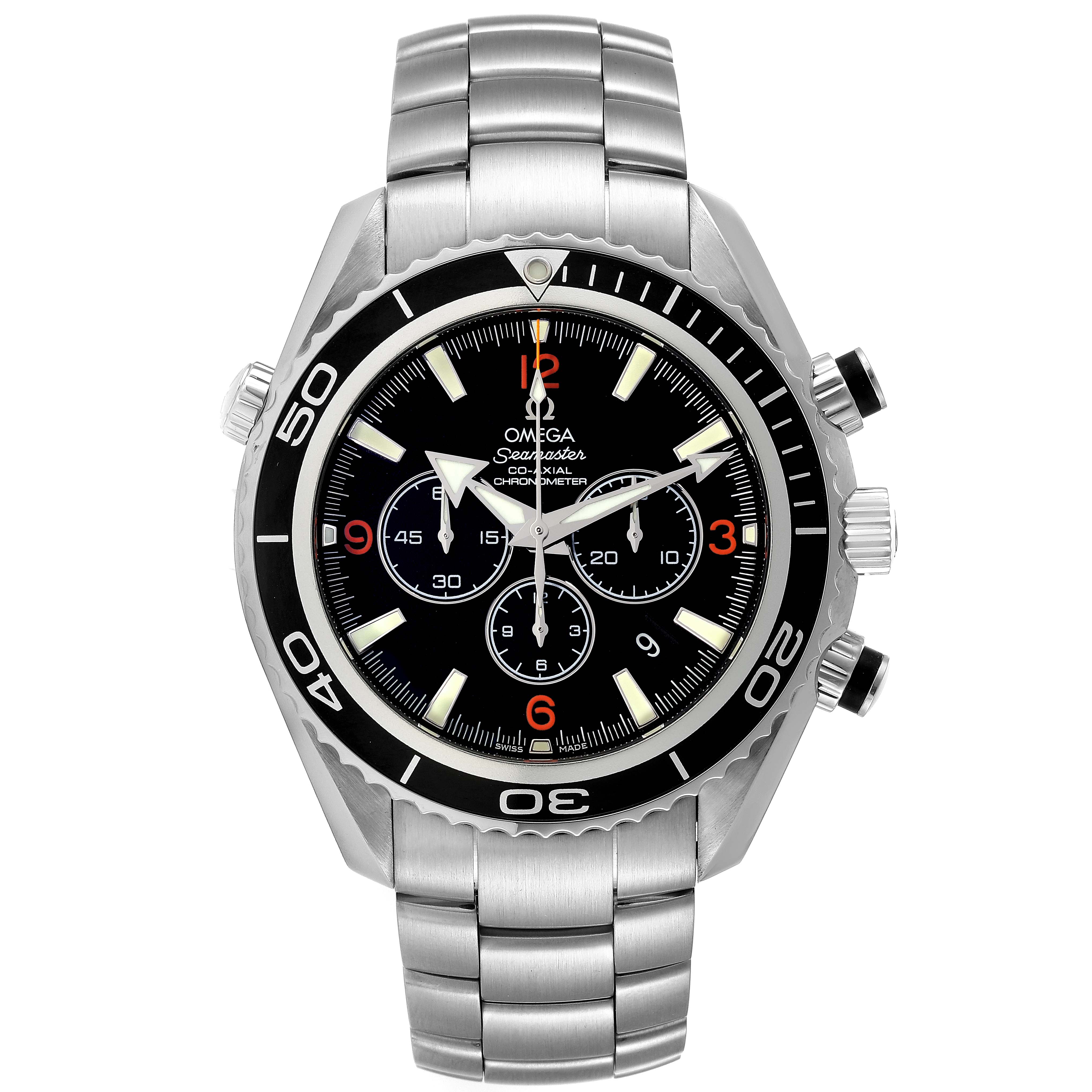 The Omega Planet Ocean 2210.50.00 Men's Stainless Steel Black Dial 2210.50.00 Men's Stainless Steel Black Dial watch is shown from the front, displaying its black dial, ceramic bezel, and stainless steel bracelet.
