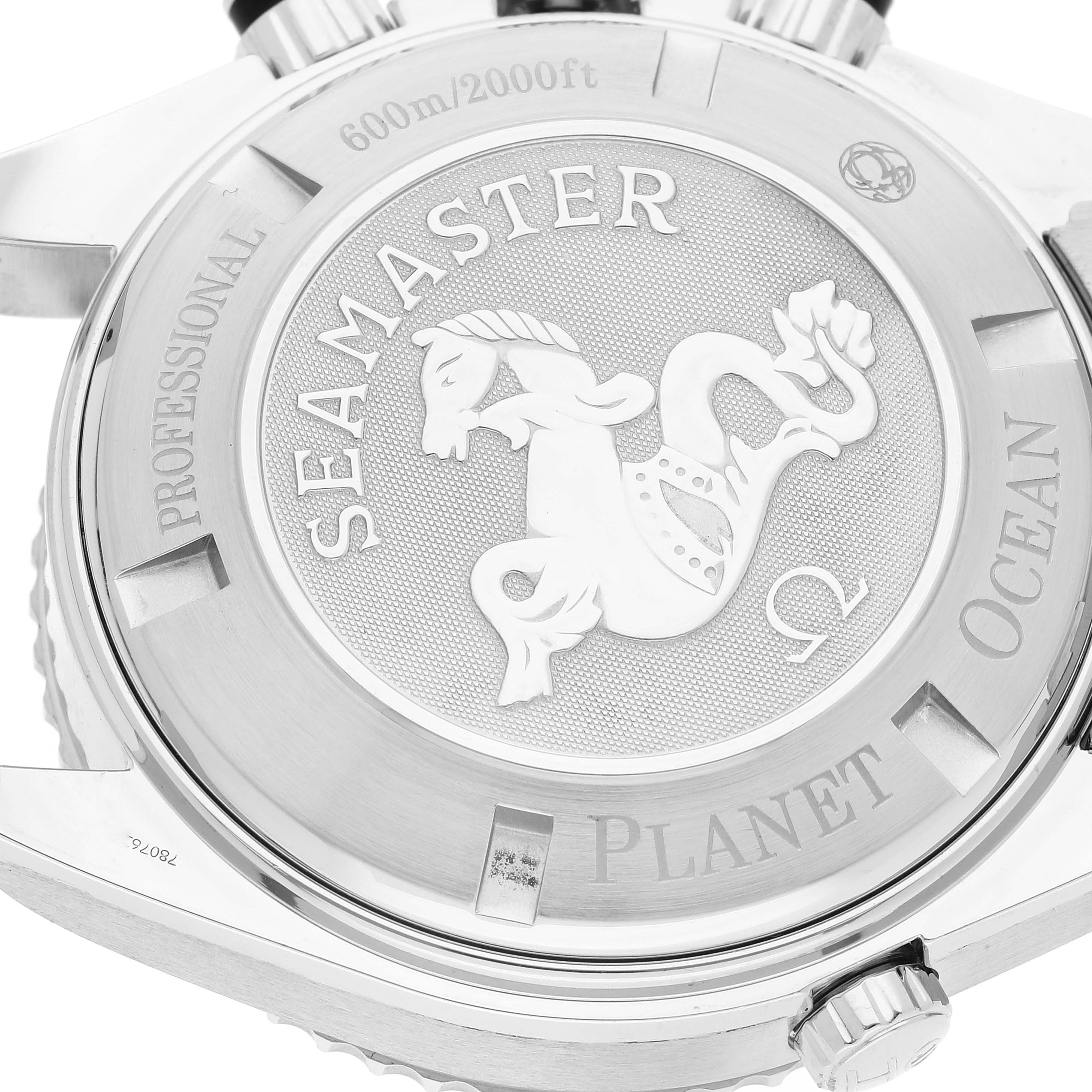This image shows the back of the Omega Planet Ocean 2210.50.00 Men's Stainless Steel Black Dial 2210.50.00 Men's Stainless Steel Black Dial watch, highlighting the Seamaster logo and 600m/2000ft water resistance.