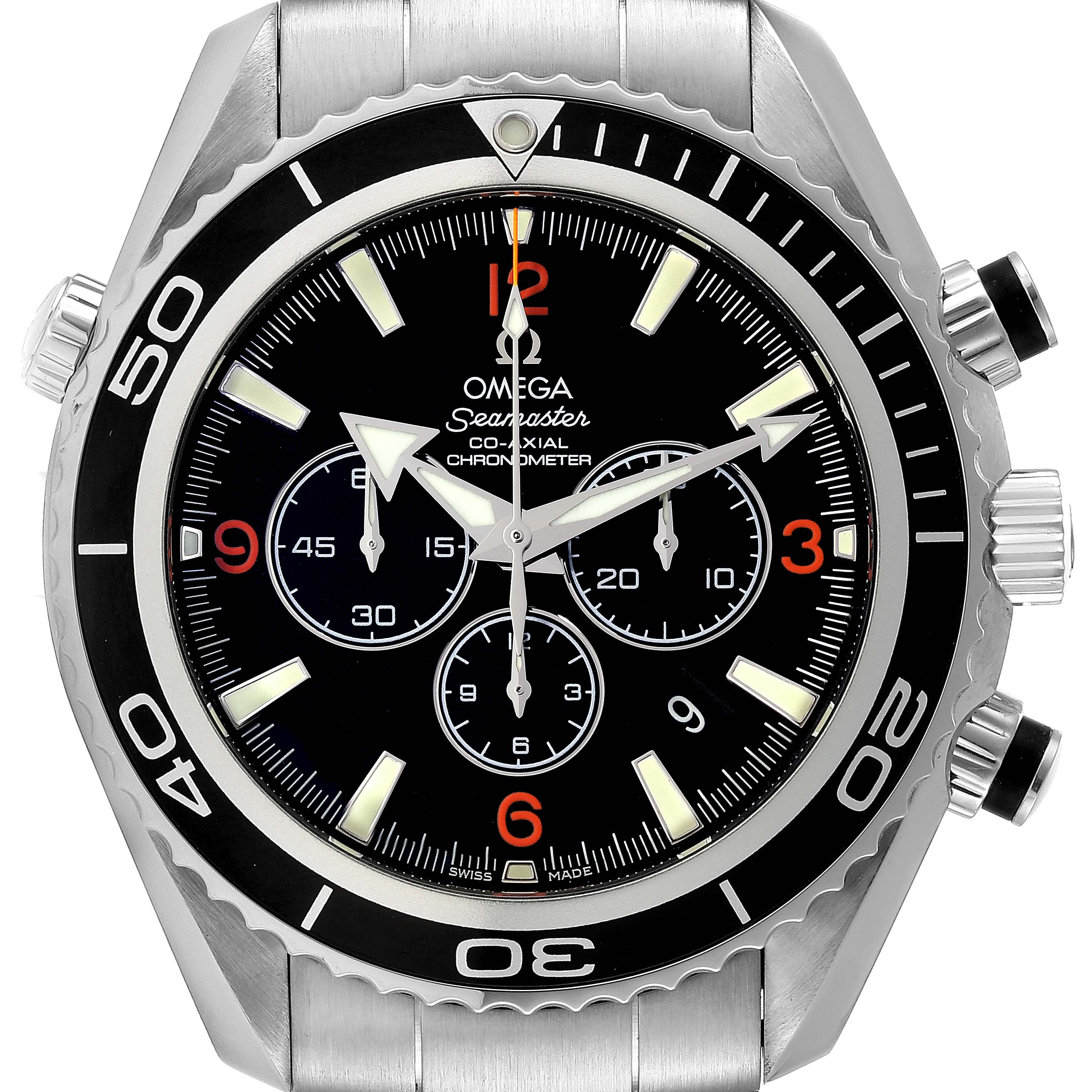 The Omega Planet Ocean 2210.50.00 Men's Stainless Steel Black Dial 2210.50.00 Men's Stainless Steel Black Dial watch is shown from the front, displaying its bezel, dial, hands, and chronograph subdials.