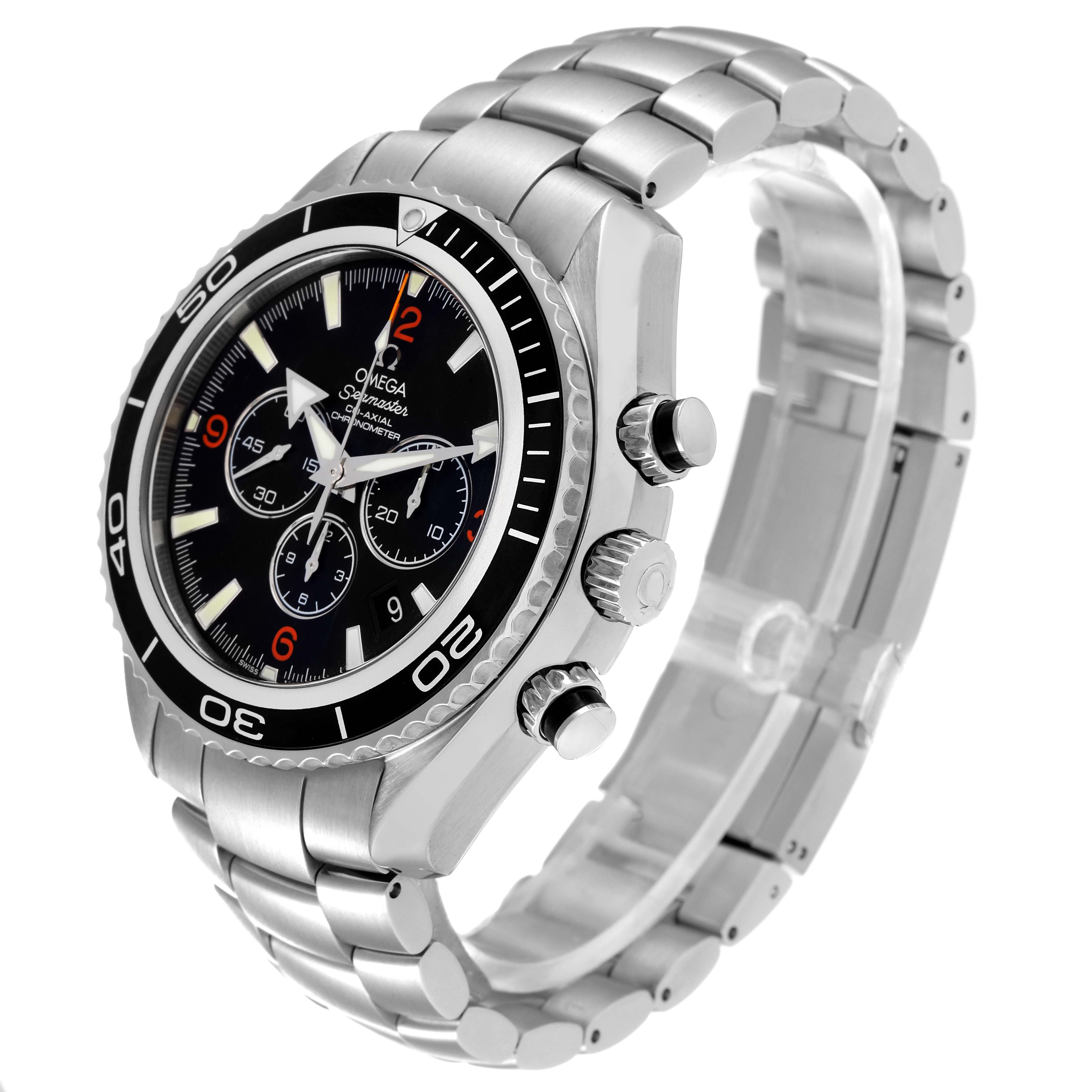 The Omega Planet Ocean 2210.50.00 Men's Stainless Steel Black Dial 2210.50.00 Men's Stainless Steel Black Dial watch is shown from a slight side angle, displaying the dial, bezel, crown, pushers, and metal bracelet.